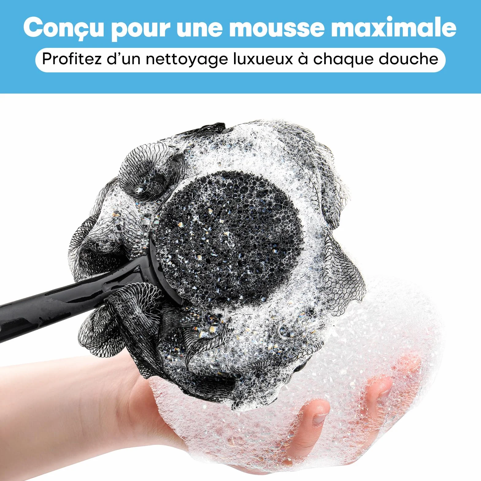 Brosse de douche Loofah avec manche charbon 2 pièces pour exfoliation dos