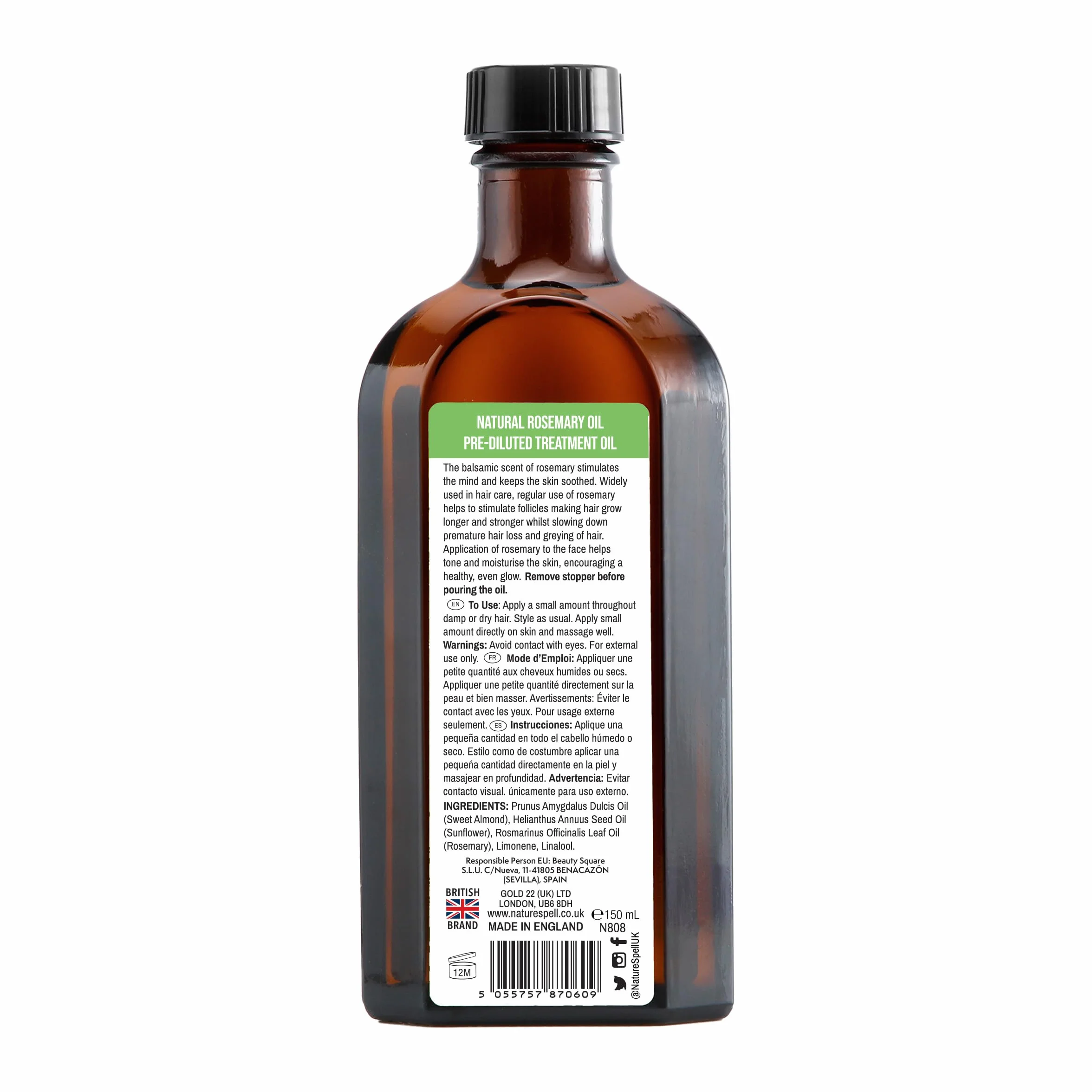 Nature Spell Huile de Romarin Croissance Cheveux, Pré-diluée Cuir Chevelu, Stimule Pousse, Renforce Nourrit Cheveux Secs Abîmés, Vegan, 150 ml