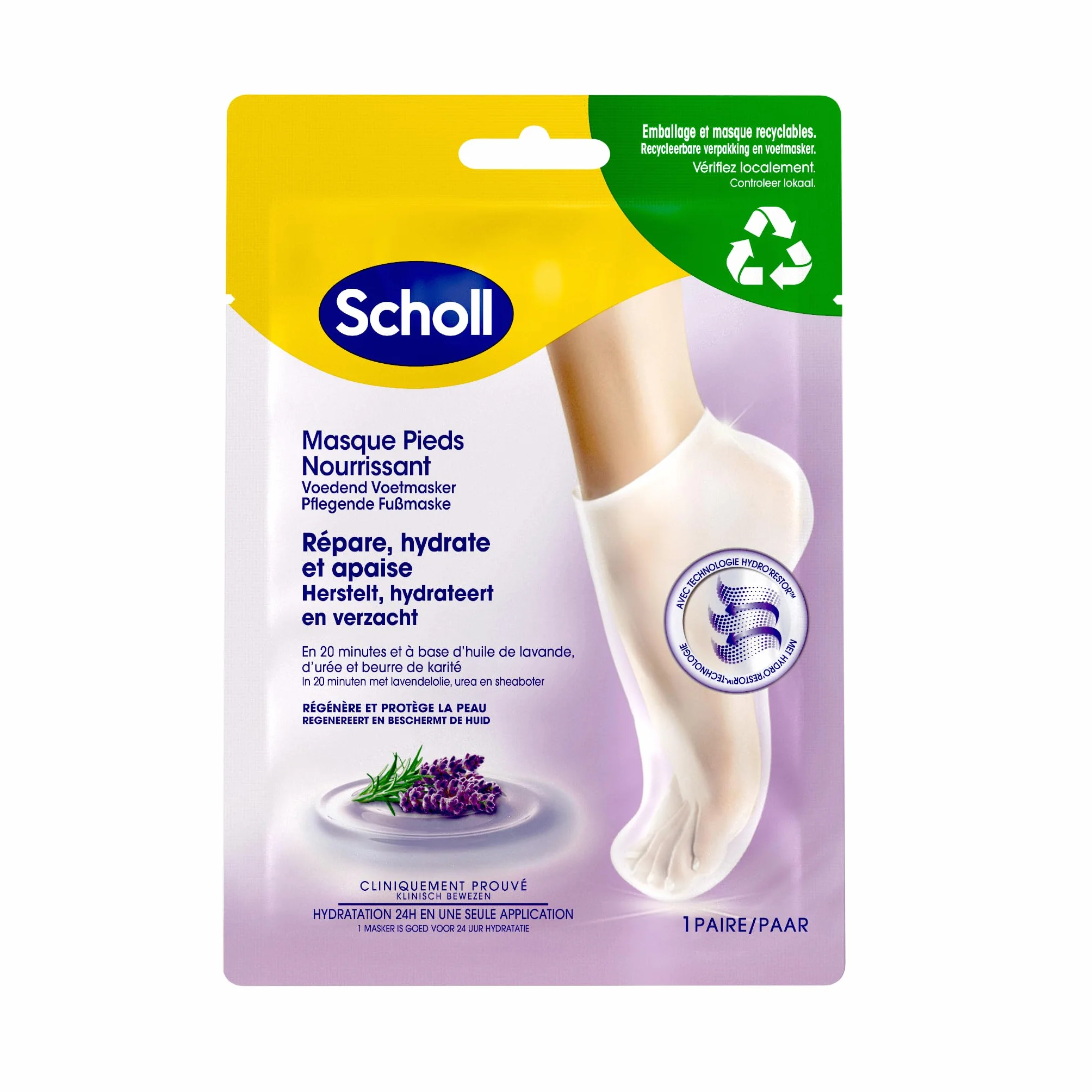 Scholl Masque Pieds Lavande Peaux Sèches - Chaussettes Soin Hydratantes 20 Minutes - 1 Paire