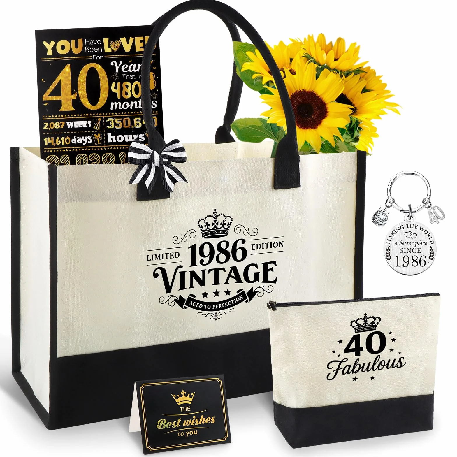 Cadeau ans femme Ensemble vintage sac cabas en toile imperméable trousse carte de vœux et porte-clés Cadeau souvenir durable et réutilisable pour maman amie ou épouse