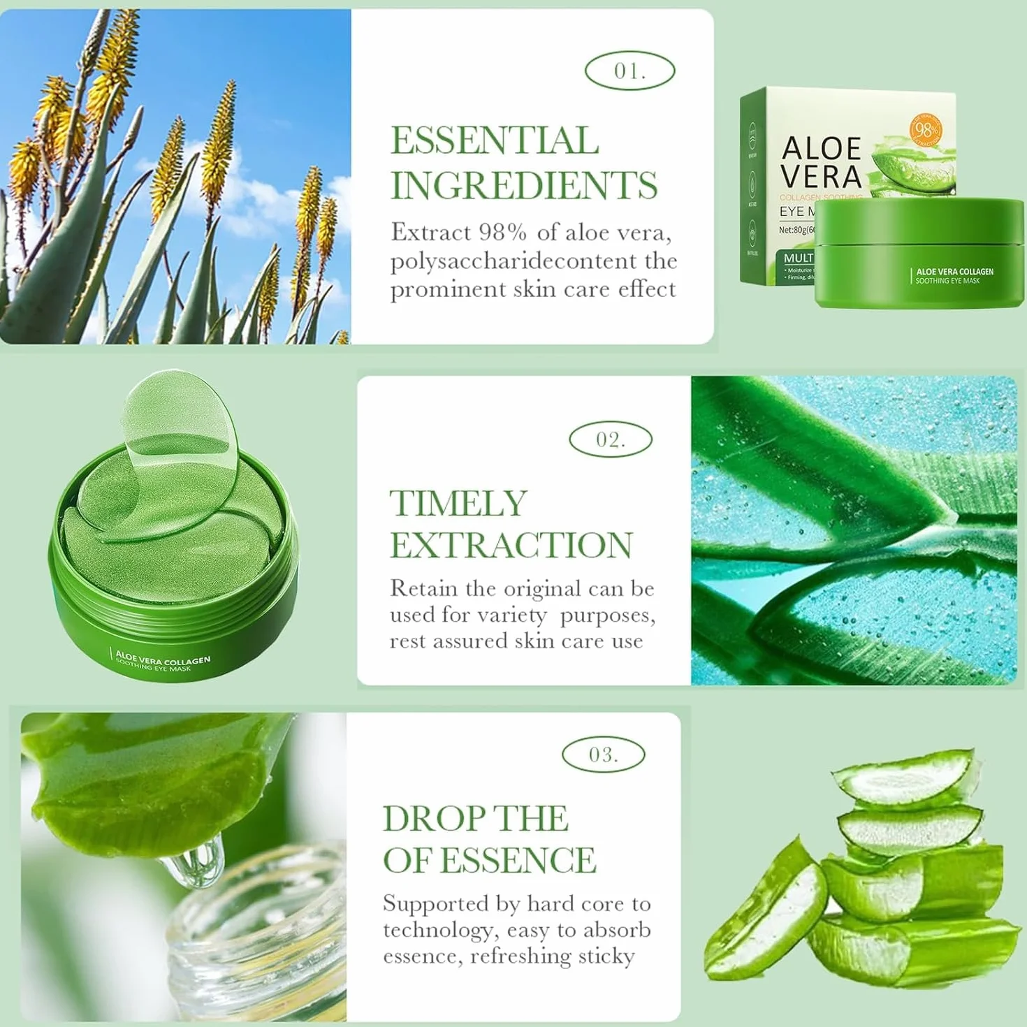 Patchs Yeux Anti Cernes Aloe Vera Collagène Acide Hyaluronique Masque Hydratant Anti Ride 80g