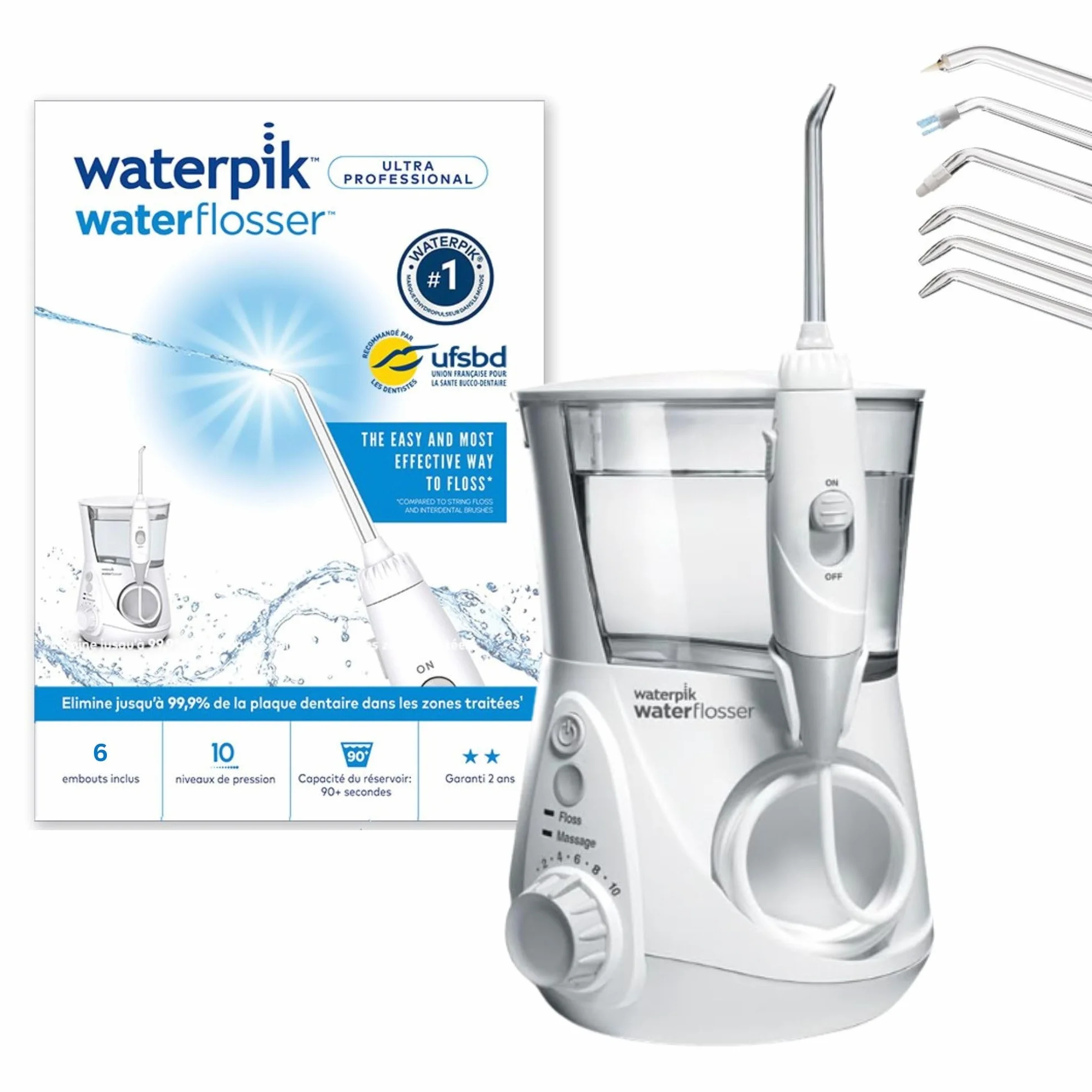 Waterpik Hydropulseur Ultra professionnel Jet dentaire 6 embouts 10 niveaux pression Blanc WF-660EU