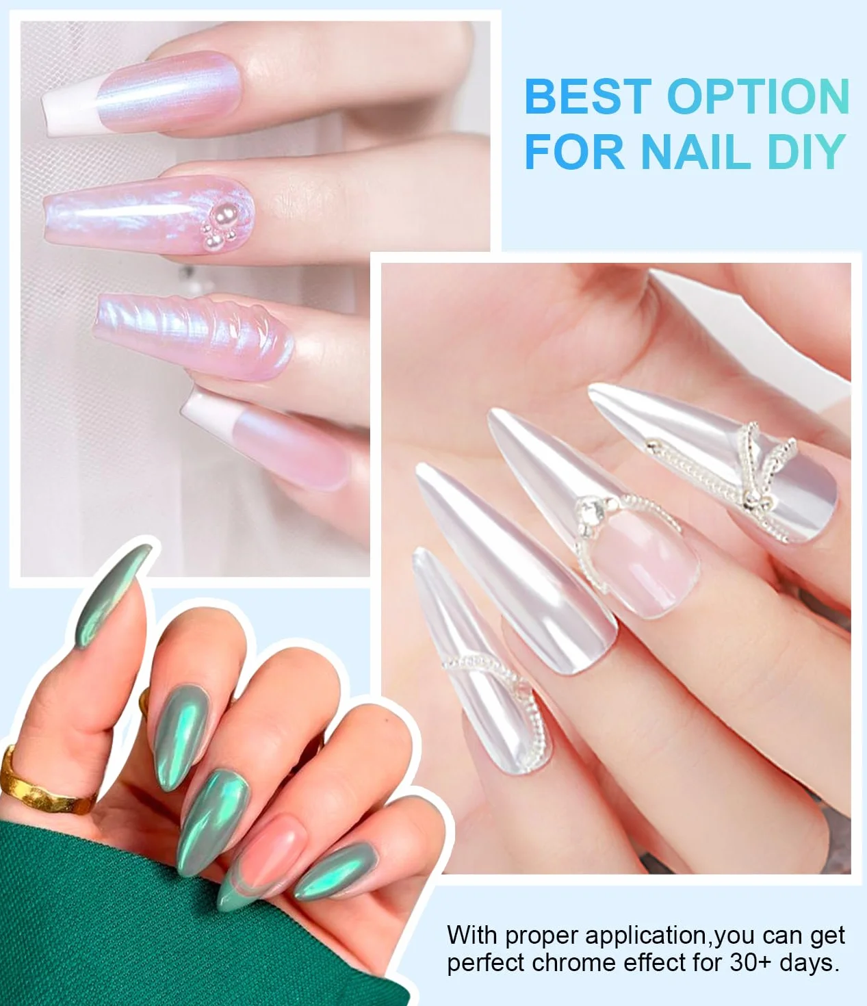 Pearl Poudre Chrome Ongle BISHENGYF 8Pcs Aurora Ice Schimmer Perles Chrome Powder Nail Art Manucure