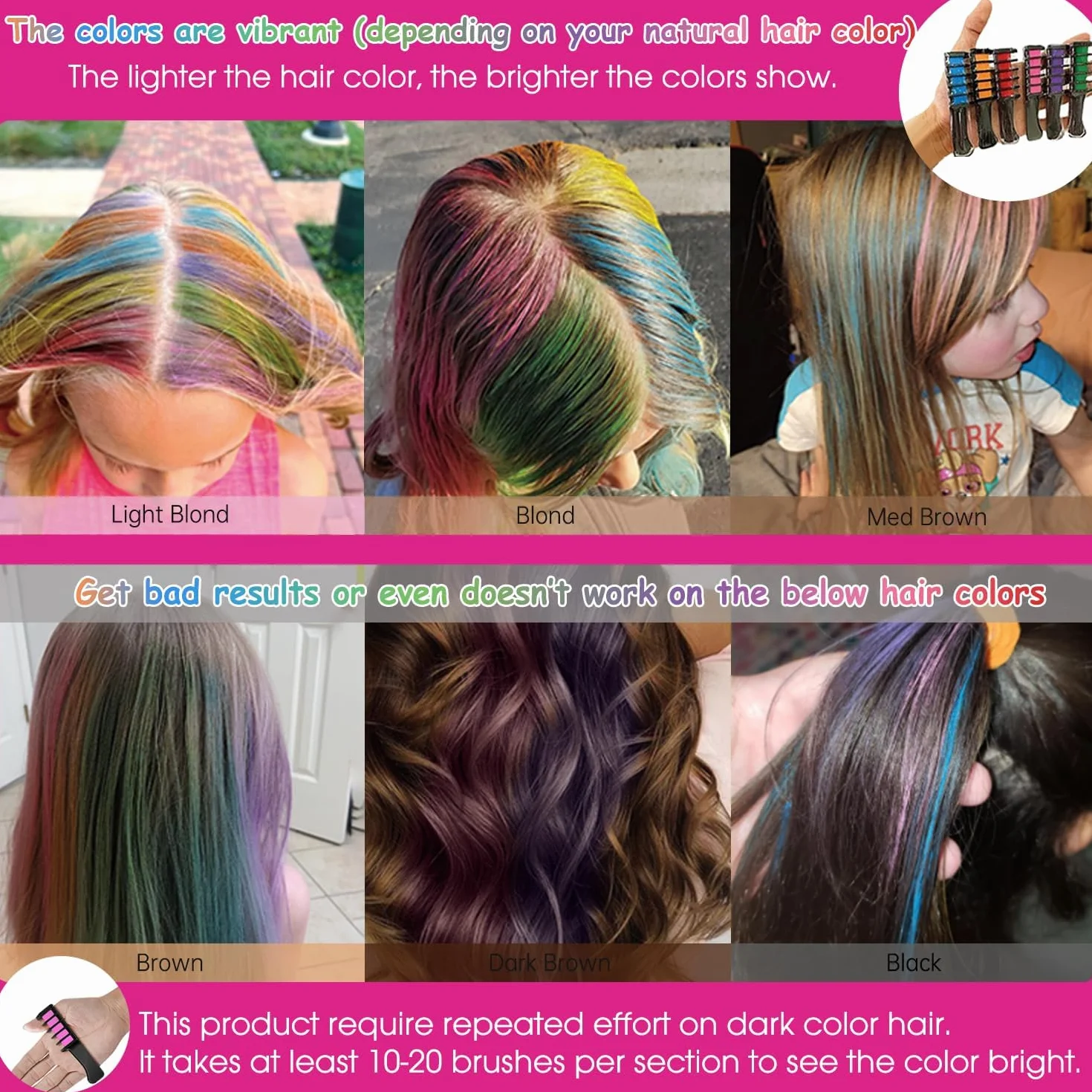 Peignes à Craie pour Cheveux Enfants Lot de 10 Coloration Temporaire Lavables Filles 4-10 ans