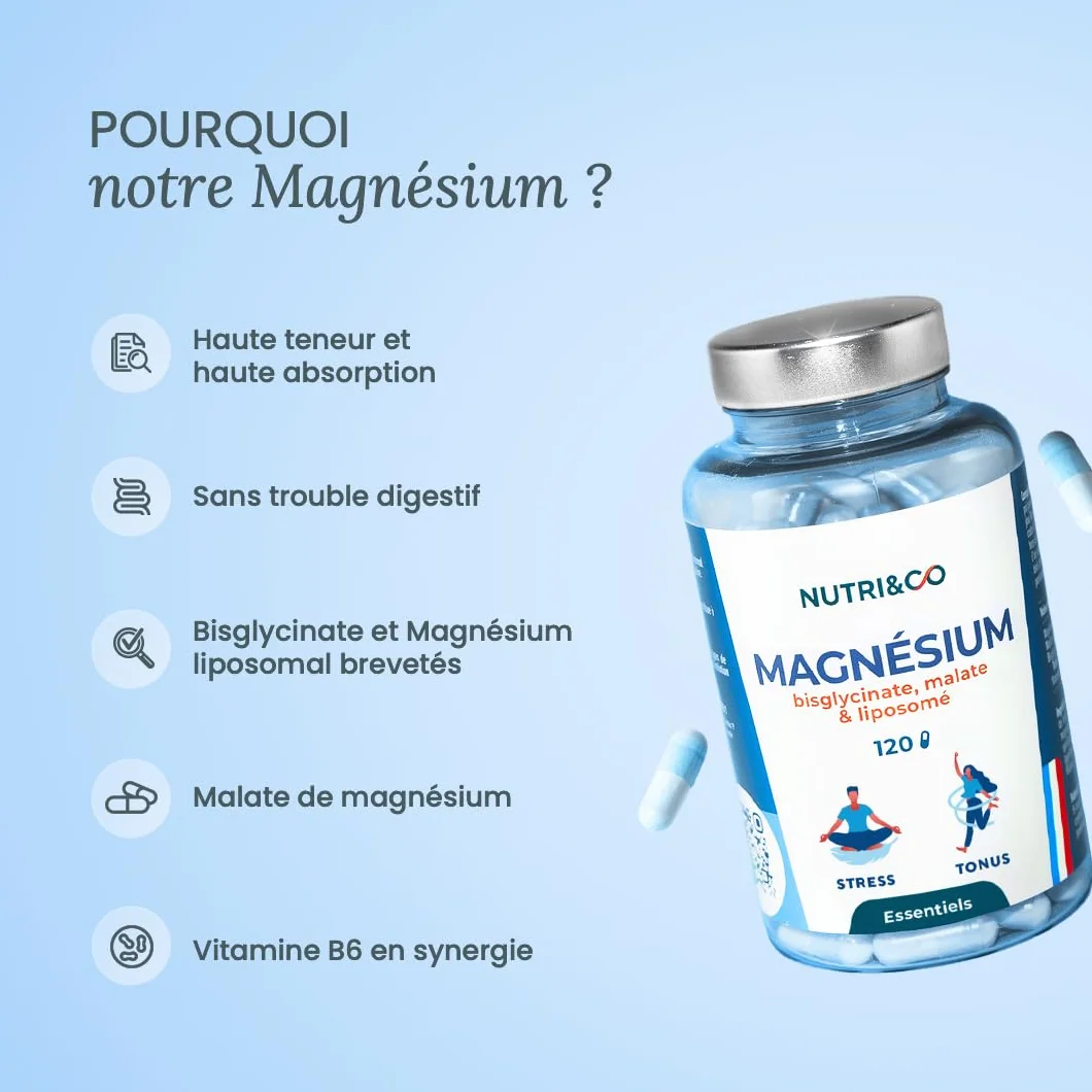 NUTRI & CO Magnésium Bisglycinate Malate & Liposome + Vitamine B6 300mg/j Haute Absorption 120 gélules Fabriqué en France