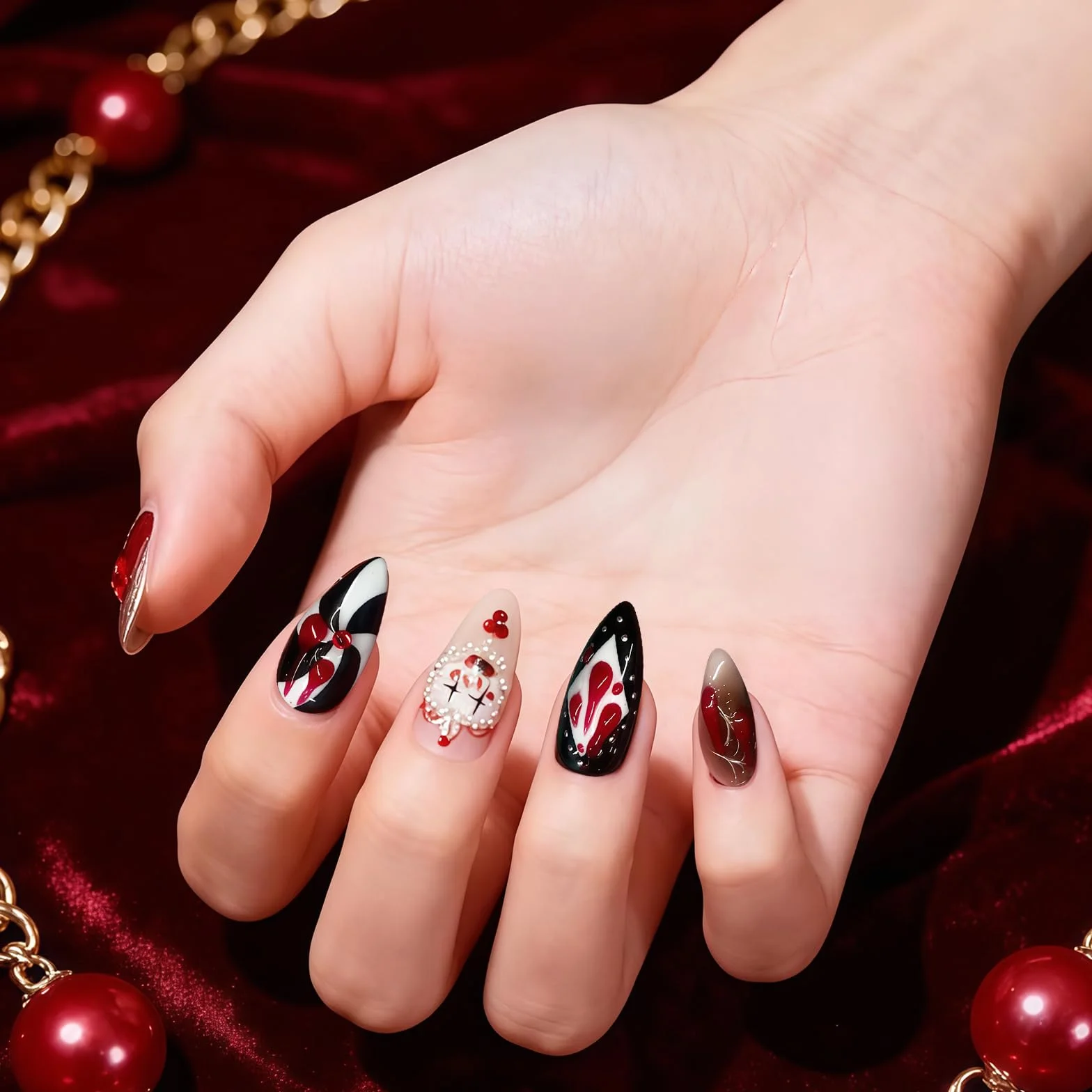 Yamobi Lot de 24 faux ongles à coller motifs clown cirque joker poker gel Y2K deux pointes