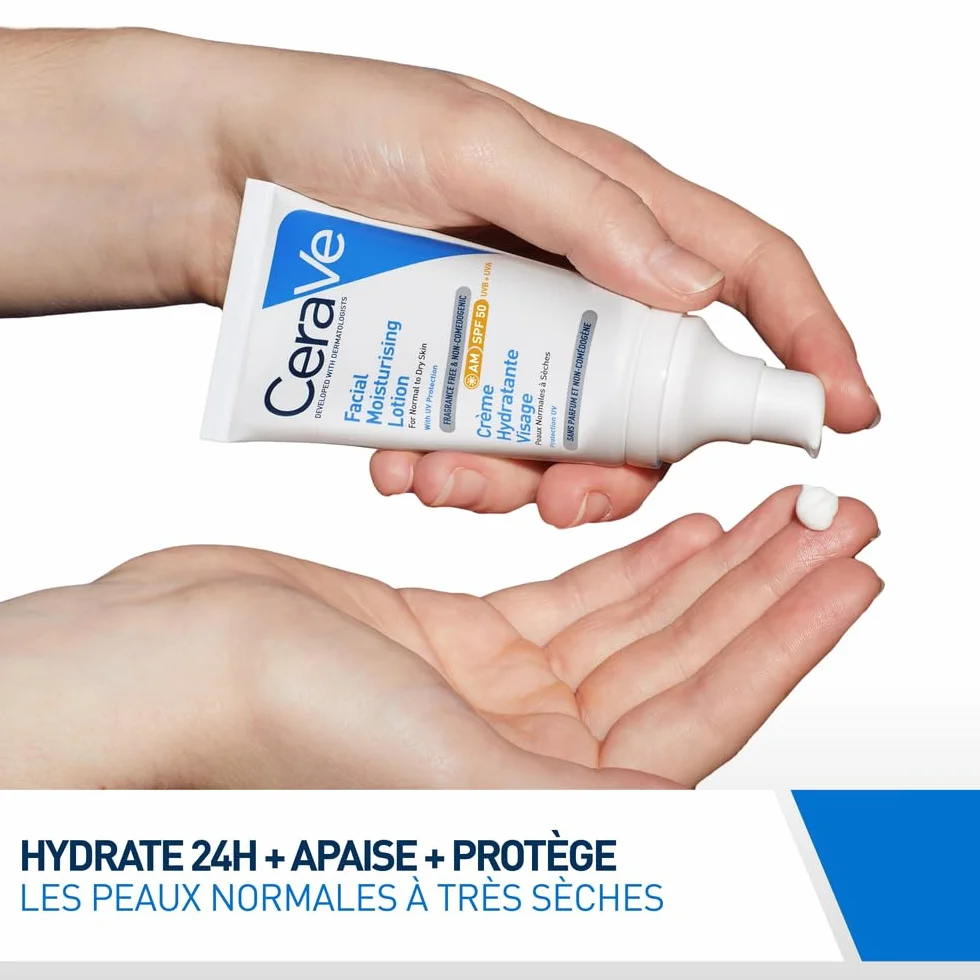 CeraVe Crème Hydratante Visage SPF50 Protection UVB UVA Acide Hyaluronique Céramide Niacinamide Vitamine E Peau Normale à Sèche 52 ml