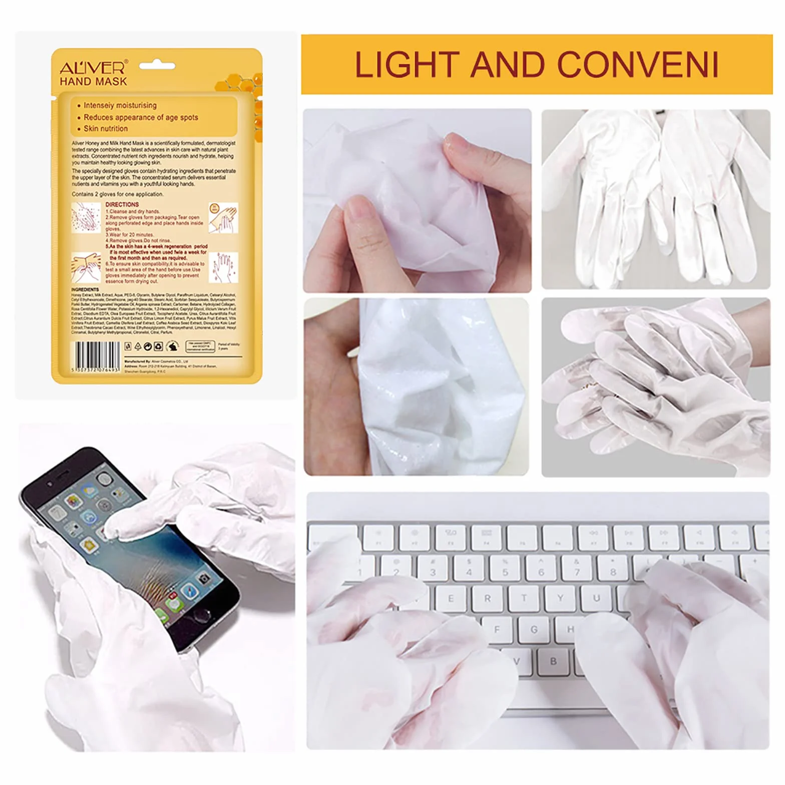 Masque pour Mains Lait au miel Gants Hydratants Peaux Sèches Nourrissante Anti-âge Blanchissant 5 Paires