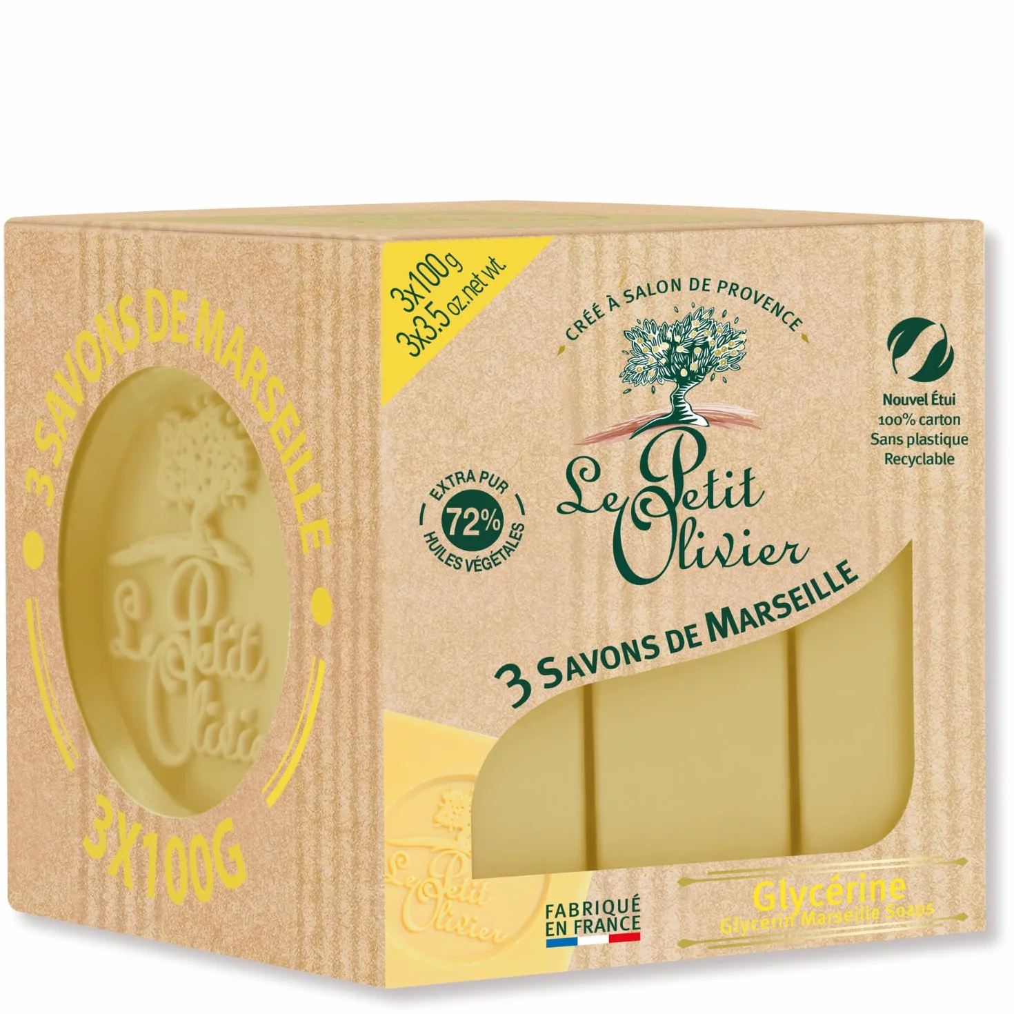 LE PETIT OLIVIER 3 Savons de Marseille Glycérine Parfum Grasse Fabriqué en France 3x100g