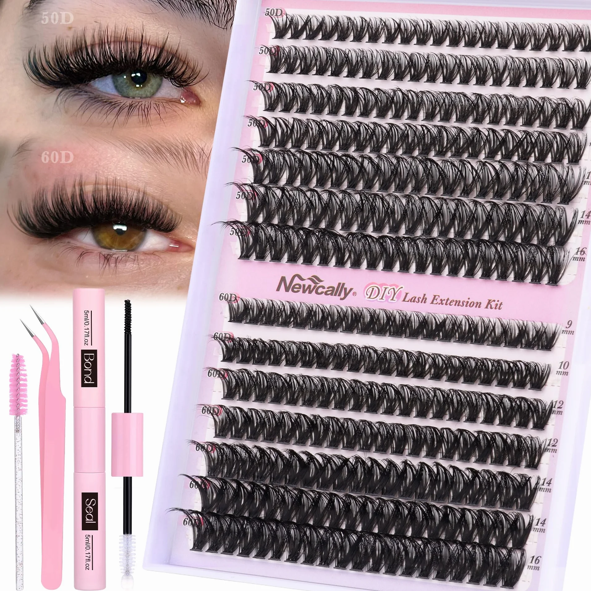 Newcally Kit de 280 extensions de cils individuels volumineux avec pince à épiler de 9 à 16 mm et courbure D (50D + 60D, 0,07D)