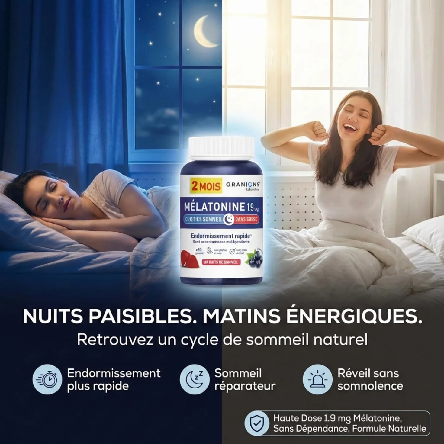 GRANIONS Gummies Sommeil Melatonine 1,9 mg Complément Alimentaire Adulte Vegan Sans Sucres 60 Gummies