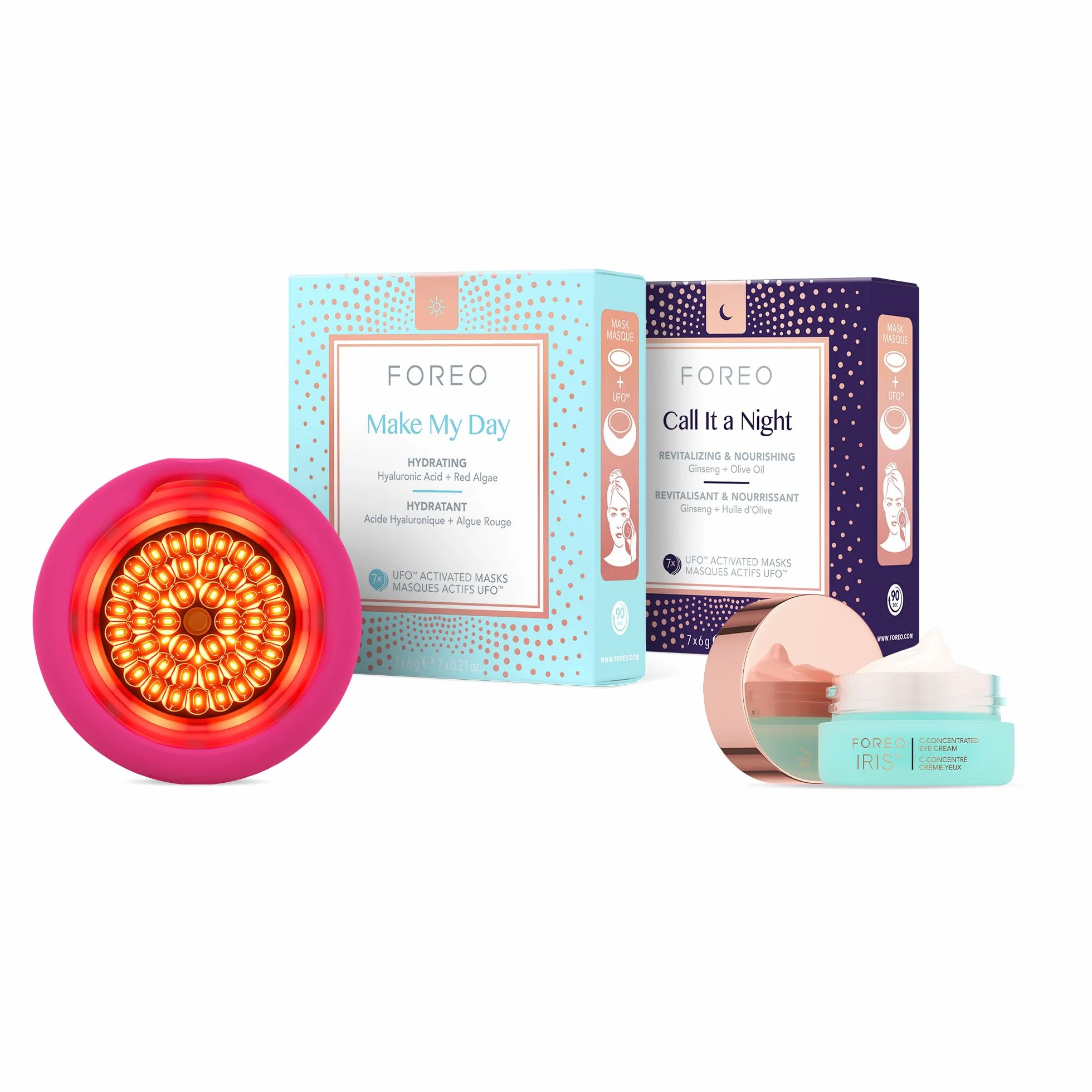 Set FOREO to Lovely UFO 3 LED - Appareil visage + 14 masques activés par UFO + IRIS C-Concentré crème yeux 15ml - Crème hydratante visage - Luminothérapie LED spectre complet, NIR et lumière rouge
