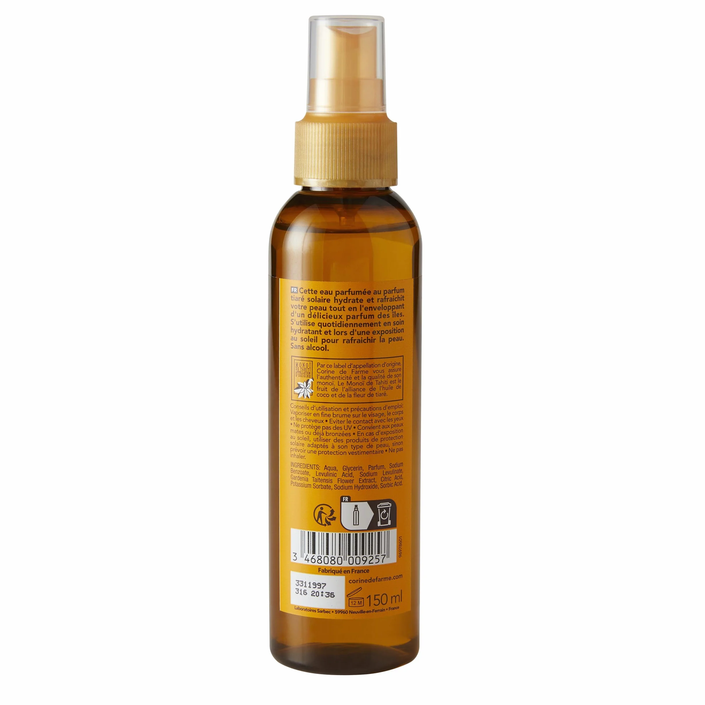 Corine de Farme Eau Parfumée Tiaré Monoï Brume de Soin Visage Corps Cheveux Hydratante Rafraîchissante Sans Alcool 150 ml