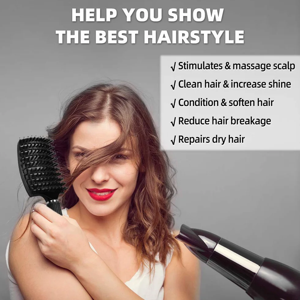 Brosse à Cheveux Poil de Sanglier Professionnelle Incurvée Ventilée pour Coiffeur (Noir)