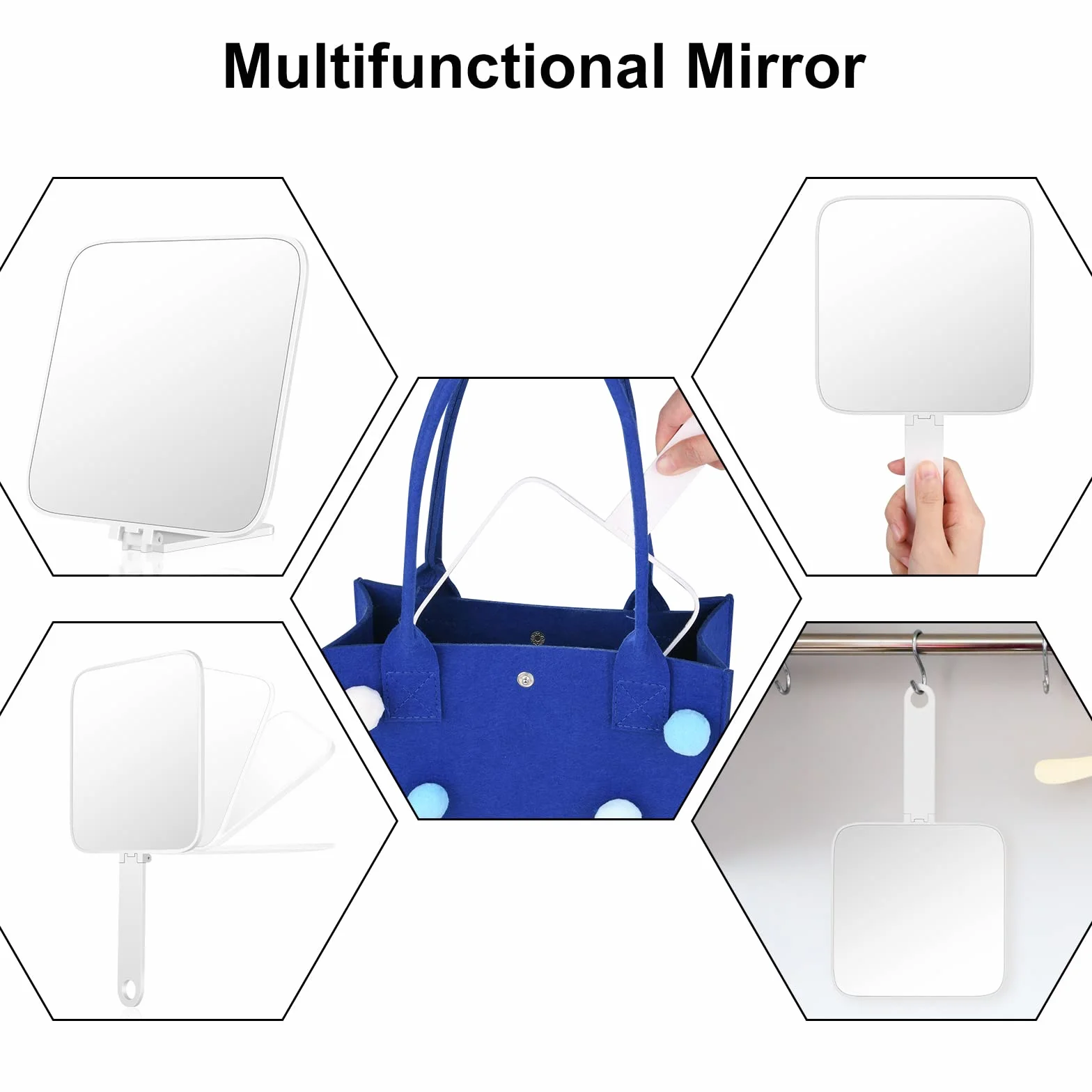 Miroir à Main avec Poignée Pliante et Support, Miroir de Courtoise Polyvalent pour Voyage, Salle de Bain, Maquillage