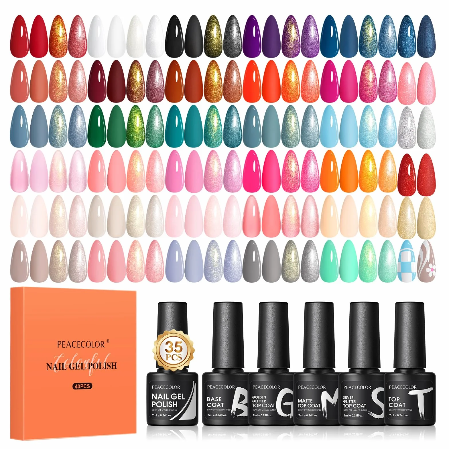 PEACECOLOR 40pcs Vernis Semi Permanent, 35 Couleurs Vernis Gel UV Semi Permanent Blanc Rouge Rose Bleu avec 5pcs Base Top Coat Vernis à Ongles Soak Off Gel Polish pour Salon DIY Débutant