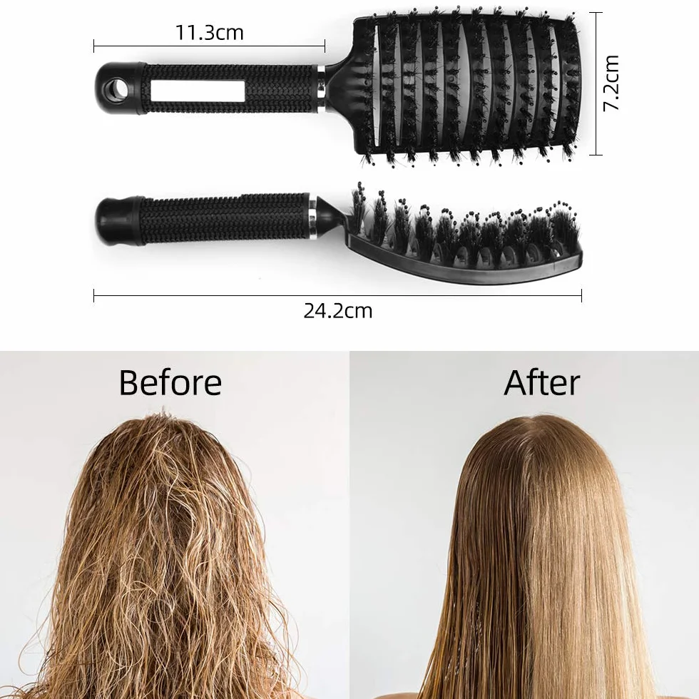 Brosse à Cheveux Poil de Sanglier Professionnelle Incurvée Ventilée pour Coiffeur (Noir)
