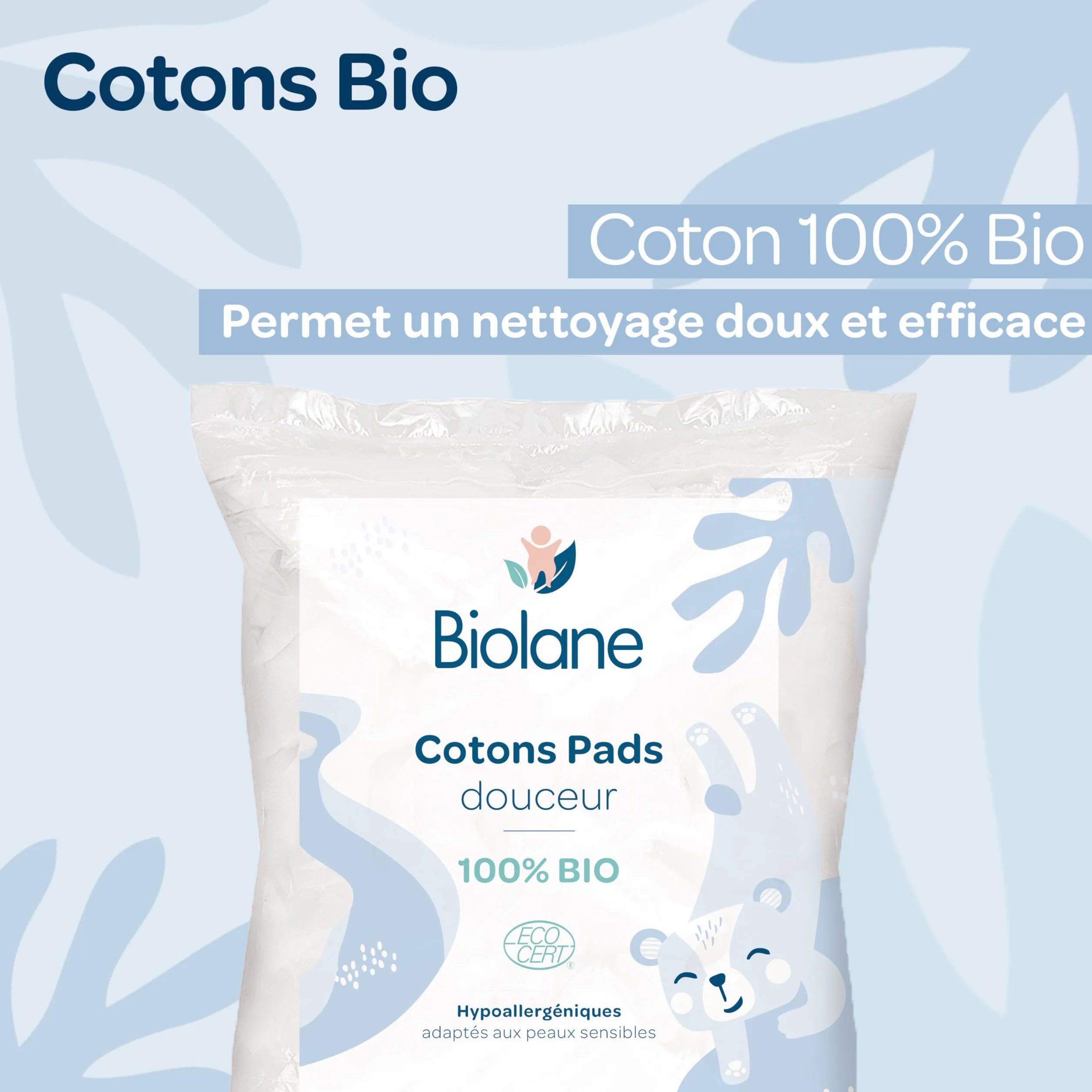 BIOLANE Lot de 3 Cotons pads douceur Bébé 100% Bio 150 Cotons Peaux sensibles Fabriqués en France