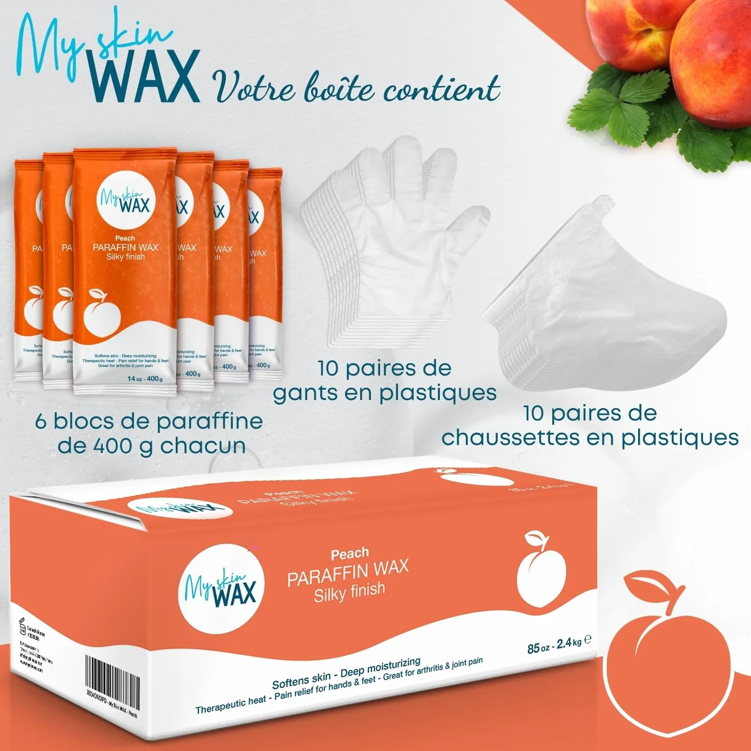 Cire de paraffine Maxi Pack, 6 blocs de 400 g (2,4 kg), parfum pèche, hydratante sans effet gras, idéale pour bains mains et pieds, soulagement arthrite, pédicure