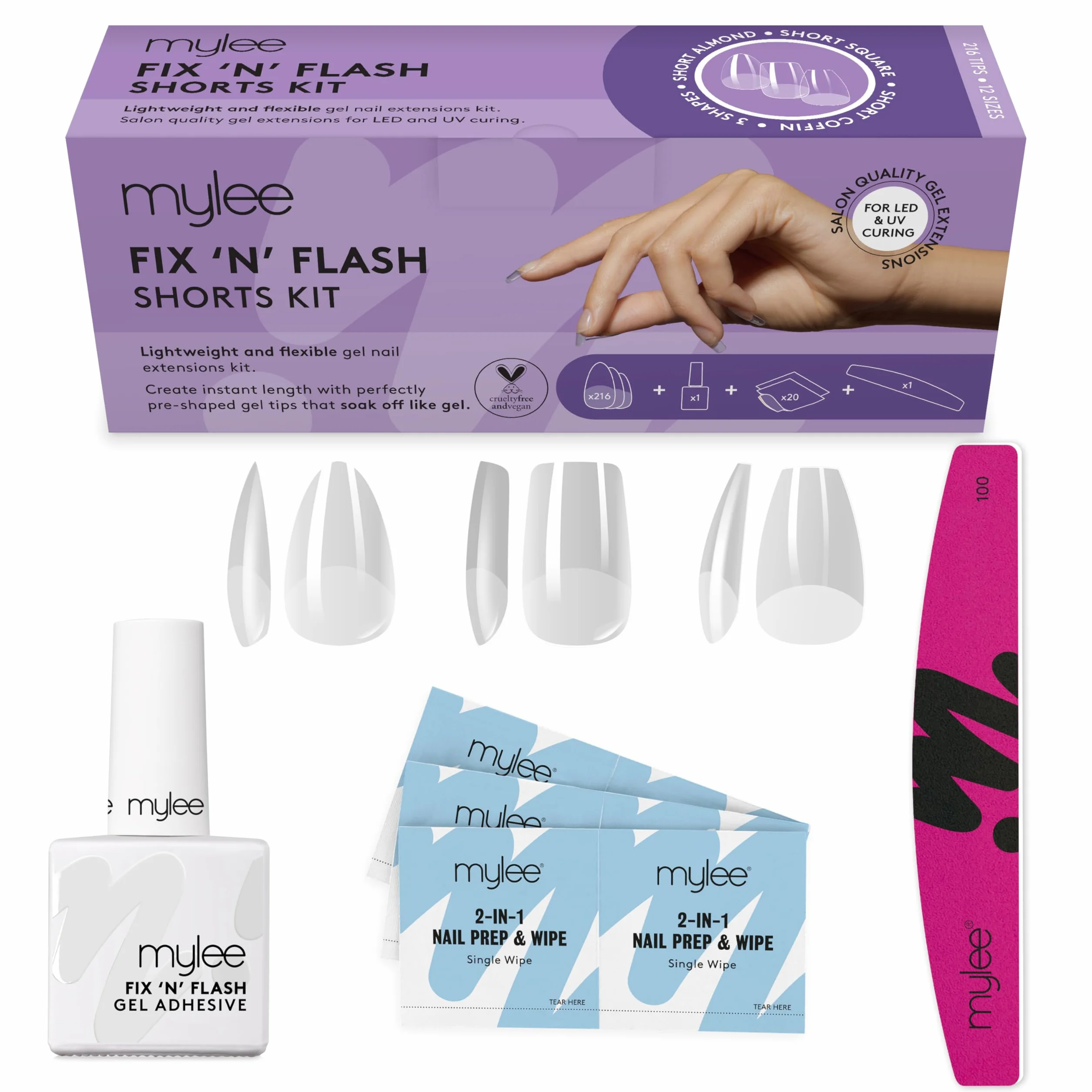 Kit Mylee Fix N Flash Soft Gel Tips Shorts, 3 formes, 216 pcs – Amande, Carré & Coffin, avec Gel, Lingettes Préparatrices & Lime demi-lune, Extension Ongles, Souples & Résistants