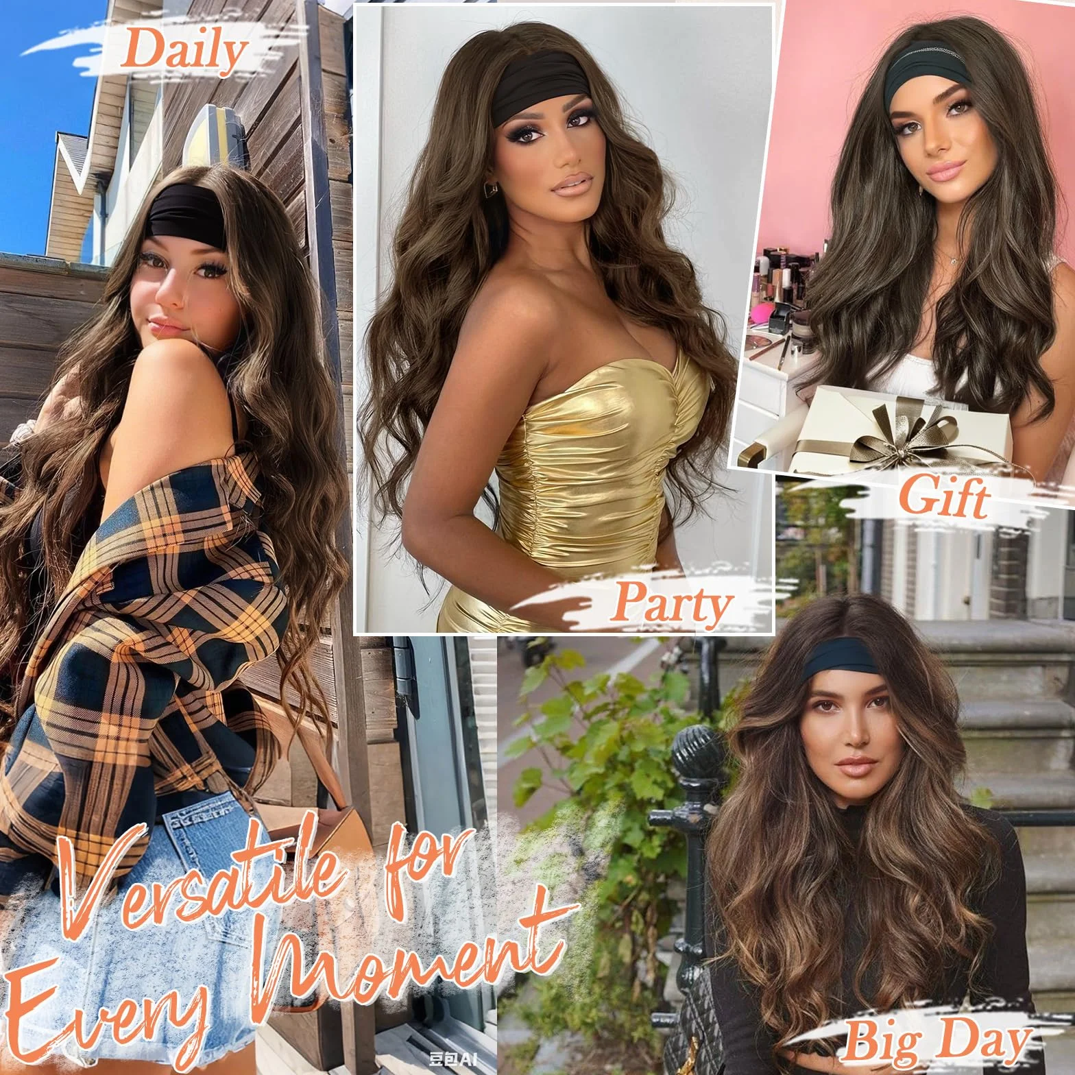 BARSDAR Ondulée Brun Clair Bandeau Perruque, 66cm Longue Body Ondulée Synthétique Headband Perruque pour Femme Hair Wig D'aspect Naturelle Glueless Easy Wear Cheveux Perruques