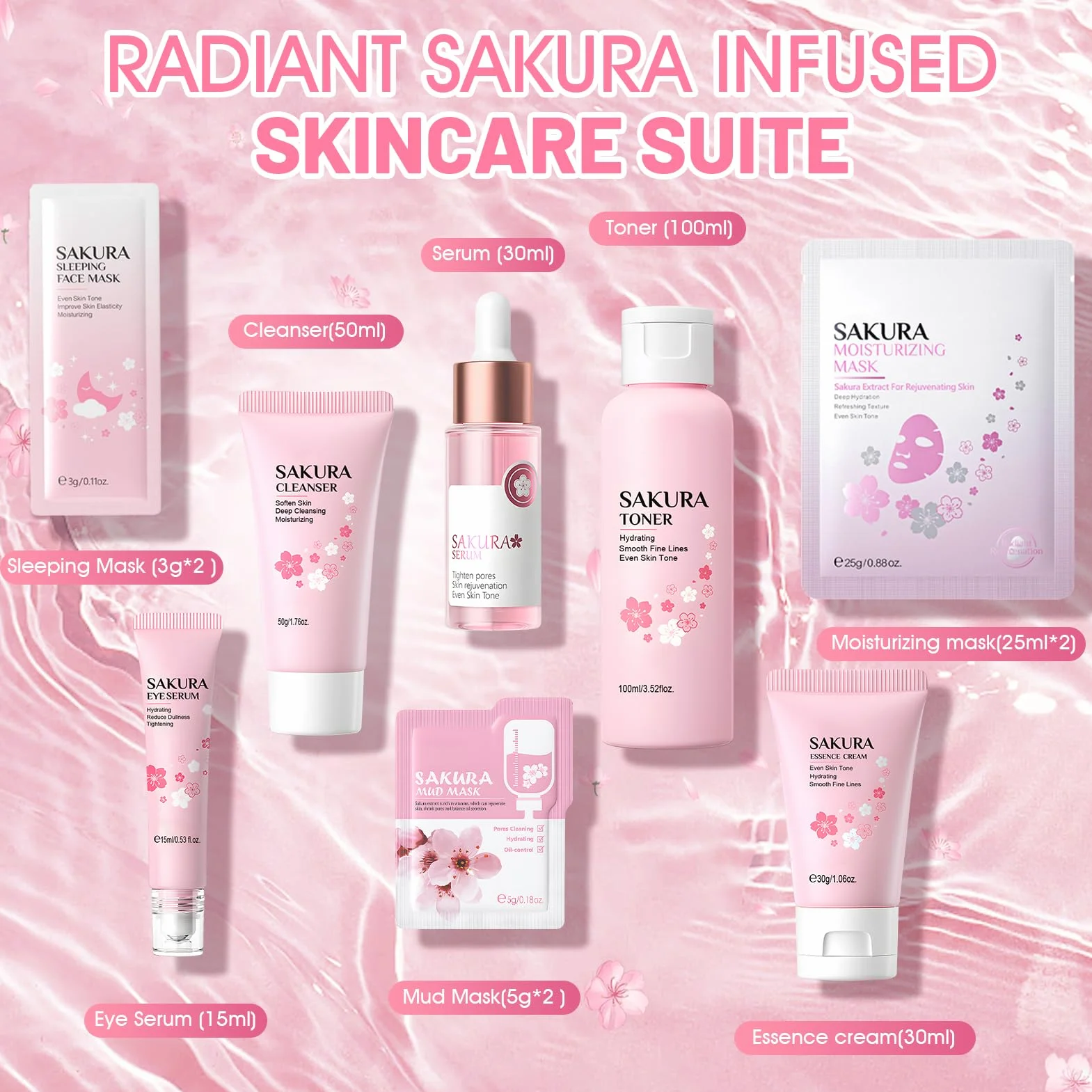 Sakura Coffret Soins Visage Femme 11 Pièces, Coffret de Soin Peau Hydratant Nourrissant