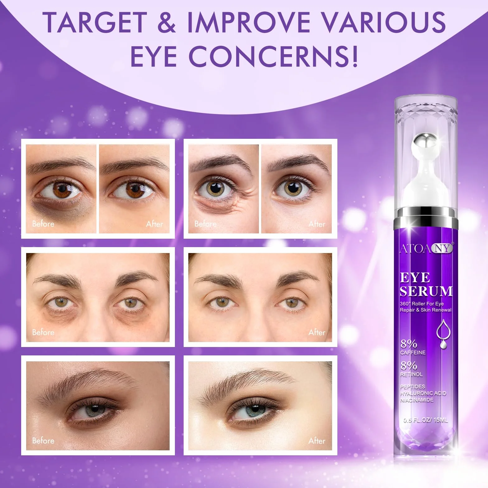 Sérum yeux cernes poches 8% caféine 8% rétinol crème anti-âge 360° Eye Roller Massage Ball 15ml