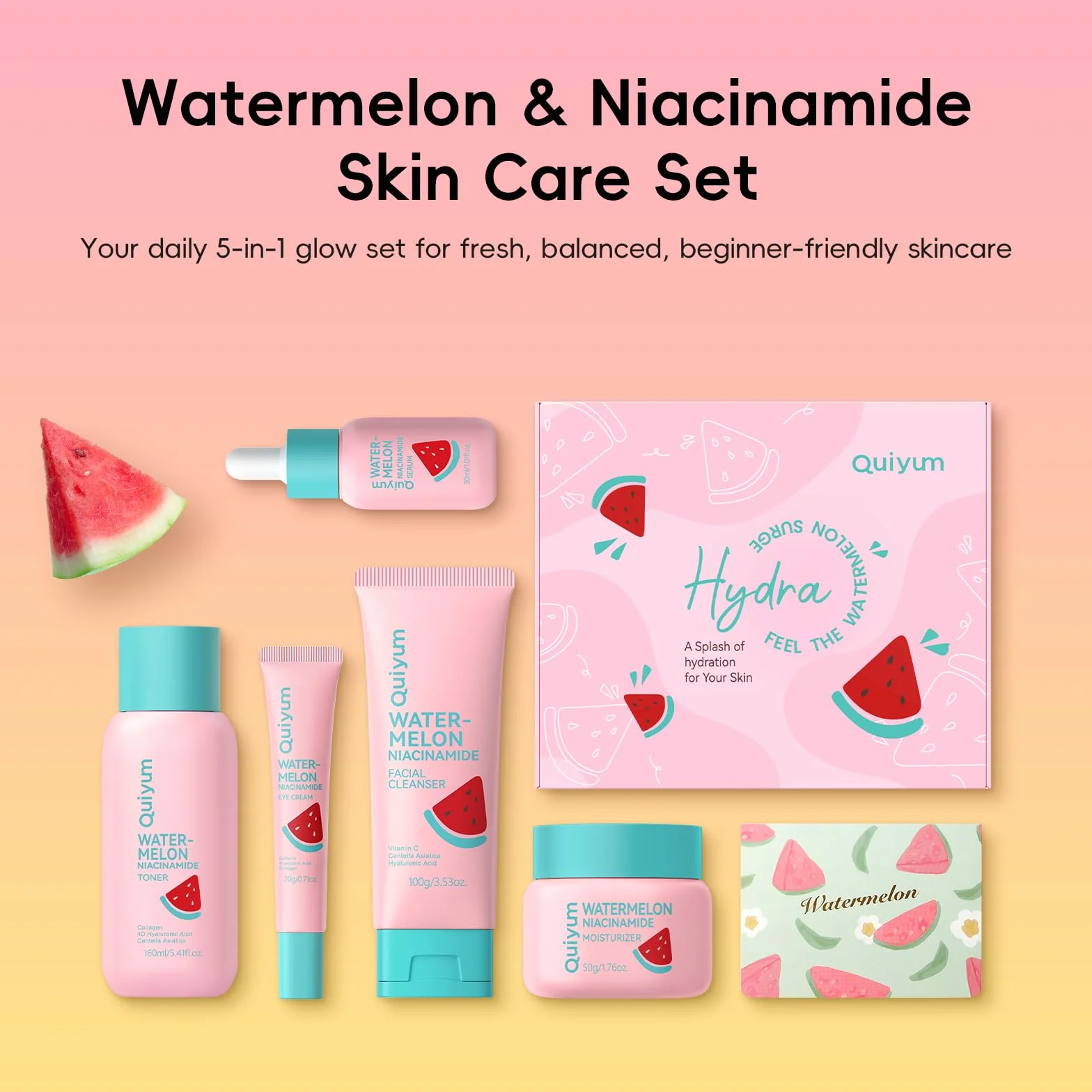QUIYUM Coffret Soins Visage Pastèque et Niacinamide, Coffret Cadeau pour Adolescents et Femmes, Skincare Routine Hydratant Glow Up, Nettoyant, Tonique, Crème Contour des Yeux, Crème et Sérum
