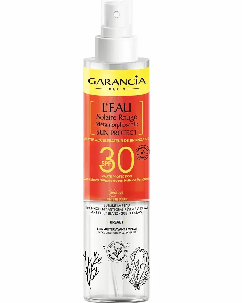 Garancia Eau Solaire Rouge SPF30 Visage & Corps Accélérateur Bronzage 150ml | Protection SPF30 toute la famille. Actif accélérateur de bronzage pour un hâle intense et lumineux