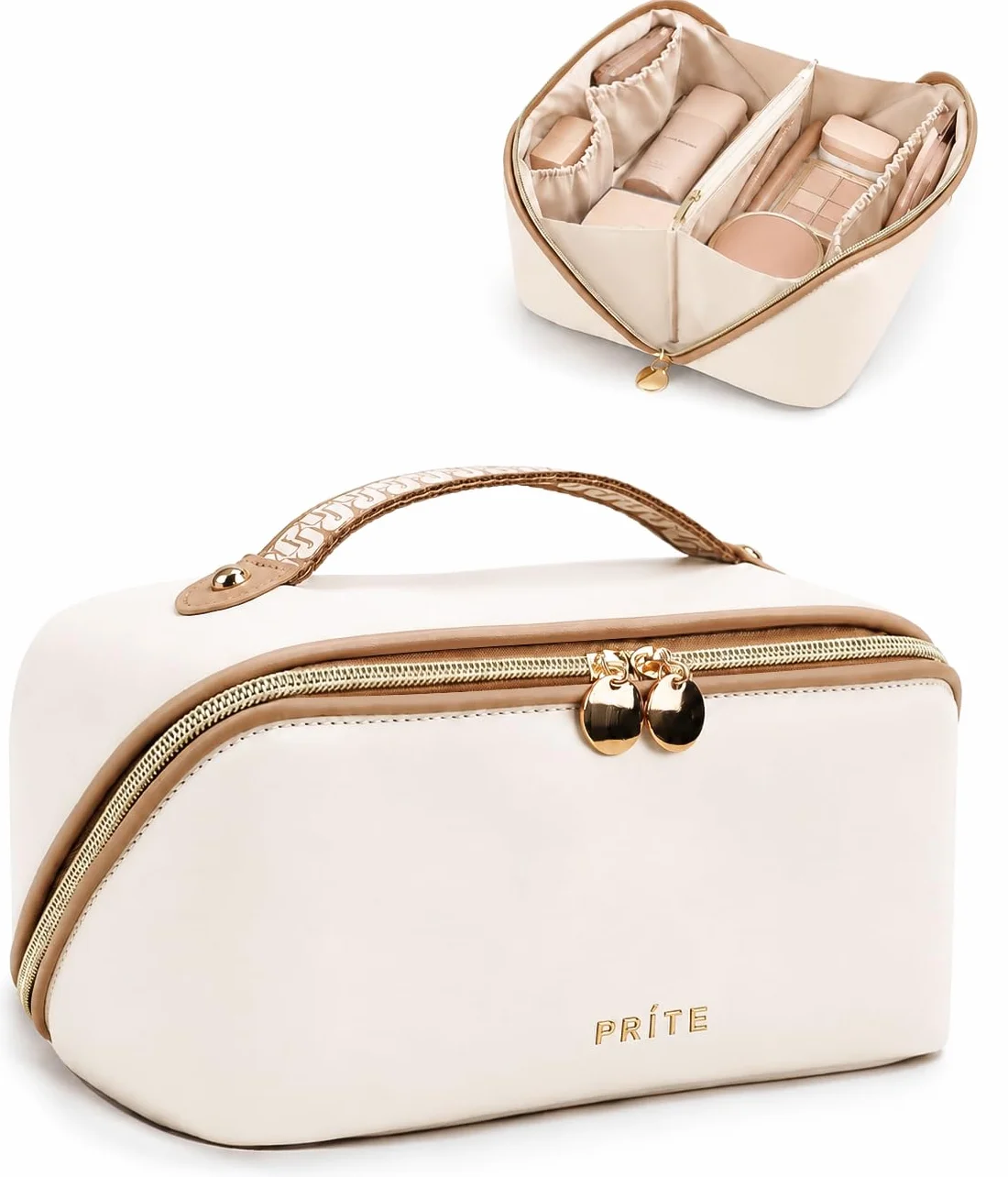 Prite Trousse de Maquillage en Cuir PU Imperméable pour Voyage avec Séparateur Transparent et Poignée Beige