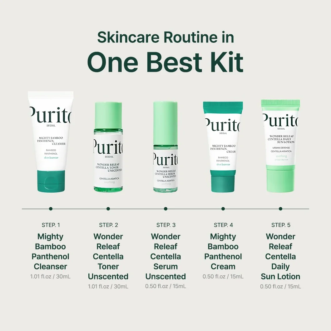 PURITO SEOUL Best Kit - Skincare Routine with Panthenol Cleanser & Cream, Unscented Centella Serum & Toner, Sun Lotion For All Skin Types, Gift Set, For Face, Facial Serum, K-Beauty, 3.52 fl. oz.