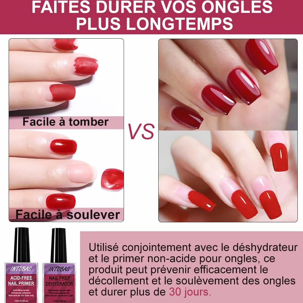 INTOBAS Primer Ongle Gel UV et Déshydrateur Ongle 15ml*2pcs - Nail Prep Primer Vernis Semi Permanent Acrylique Gel Ongle Acid Free Kit Professionnel