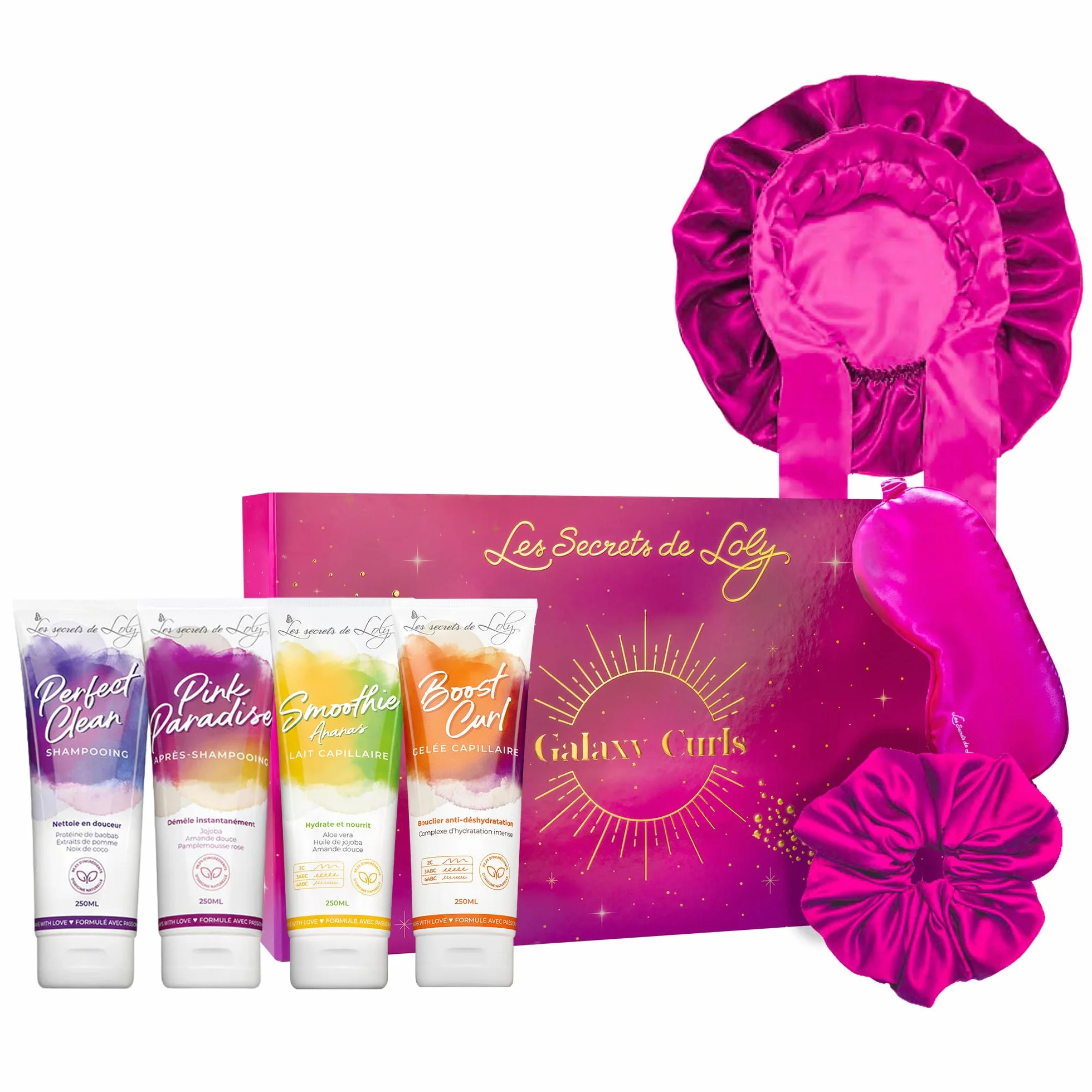 Les Secrets De Loly Coffret de Noël Cheveux Frisés Routine Complète 4 Produits 3 Accessoires Satin Hydratation Nutrition Intense Galaxy Curls