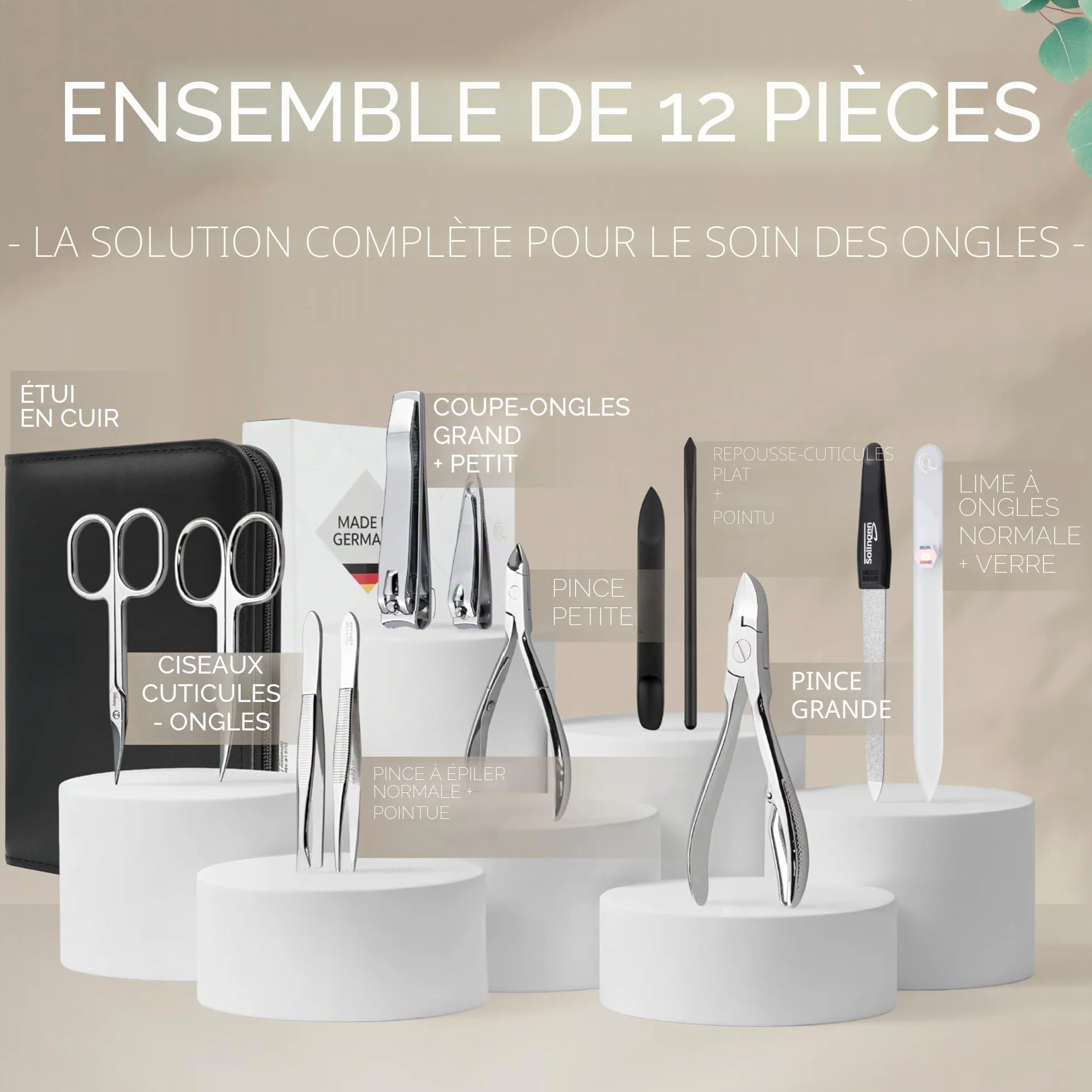 marQus Kit Manucure set 12 Pièces en Acier Solingen Allemagne – Coupe-Ongles, Lime à Ongles, Pince à Épiler, Étui en Cuir – Coffret Cadeau Femme & Homme, noir