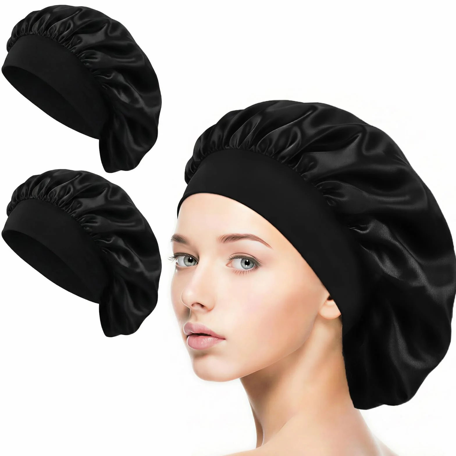 Lot de 2 Bonnets de Nuit en Soie - pour la Nuit - pour la Nuit - pour protéger Les Cheveux - Bonnet de Sommeil en Satin - Bonnet de Sommeil pour Dormir - Noir