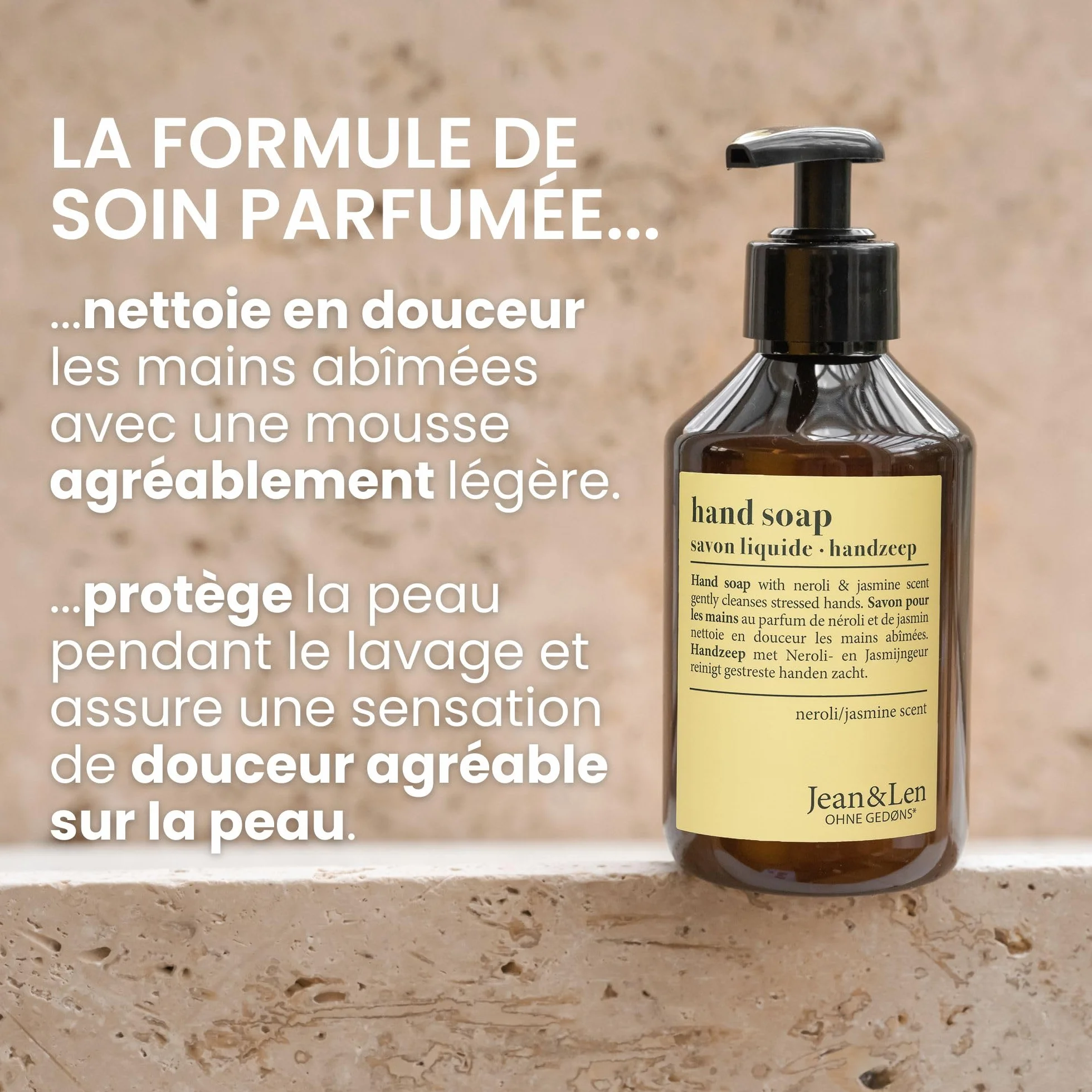 Jean & Len Savon mains Néroli & Jasmin, 250 ml, sans parabènes, végane
