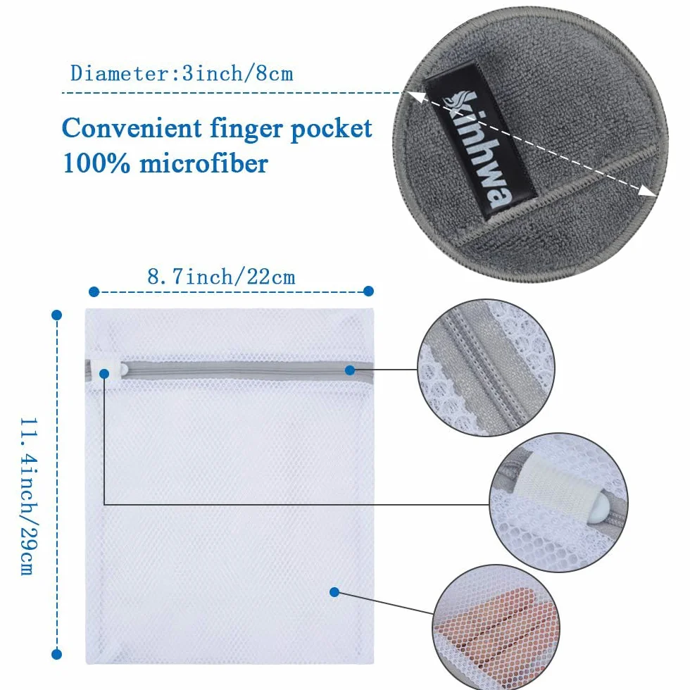 KinHwa Disques démaquillants réutilisables en microfibre, ronds, pour le visage, les yeux et les lèvres, lavables, pour tous types de peau, gris, 20 pièces