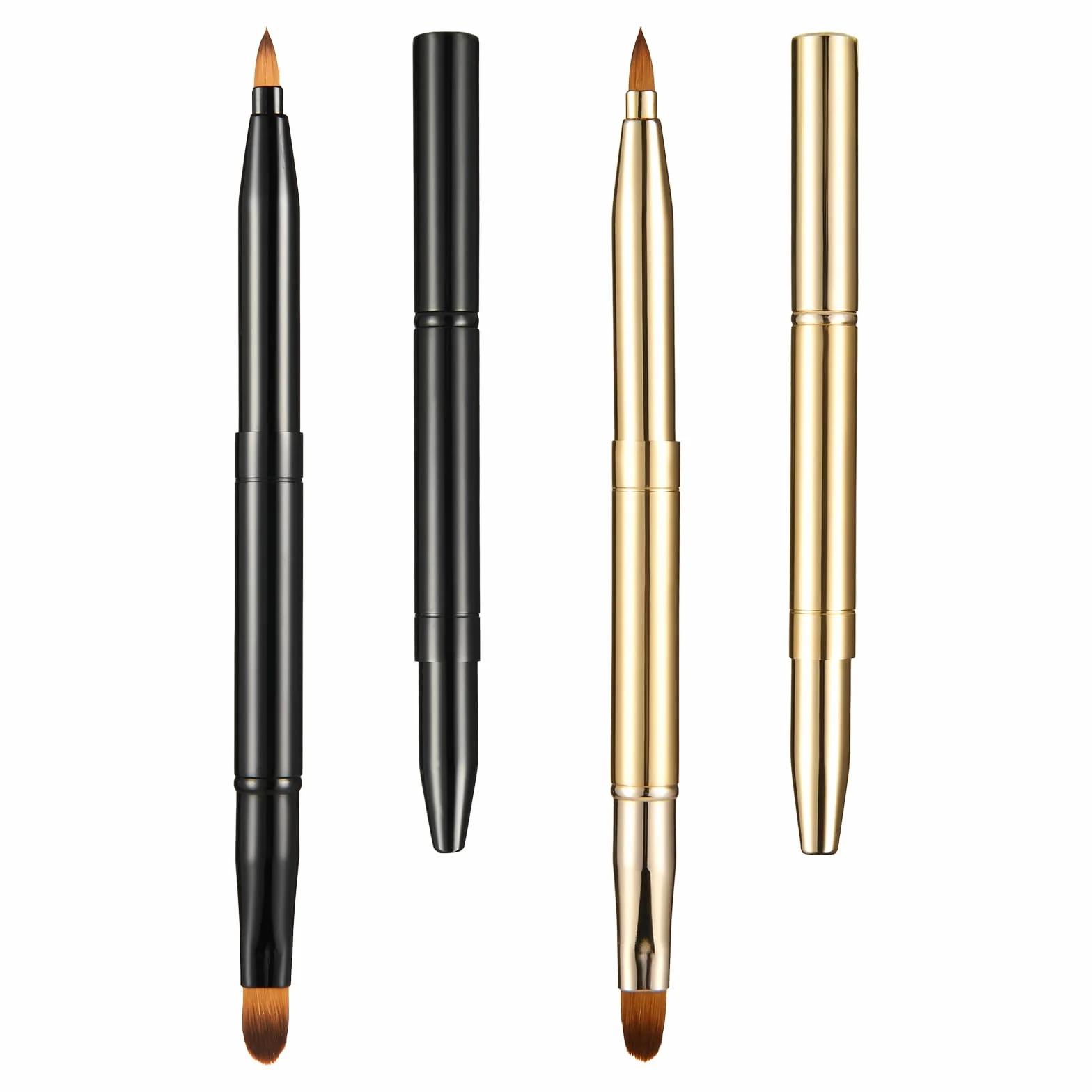 Lot de 2 pinceaux à lèvres rétractables double extrémité en métal pour rouge à lèvres et gloss, portable avec couverture (or noir)