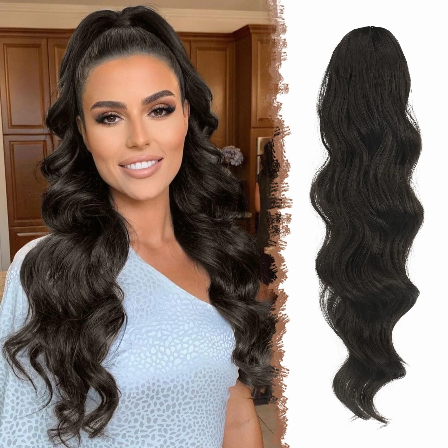 FESHFEN Queue de Cheval Cordon Longue Bouclé Ondulées Ponytail Cheveux Naturel Postiche Extension Synthétique Rajout Drawstring Ponytail Extensions pour Femmes, Noir Naturel 60 cm