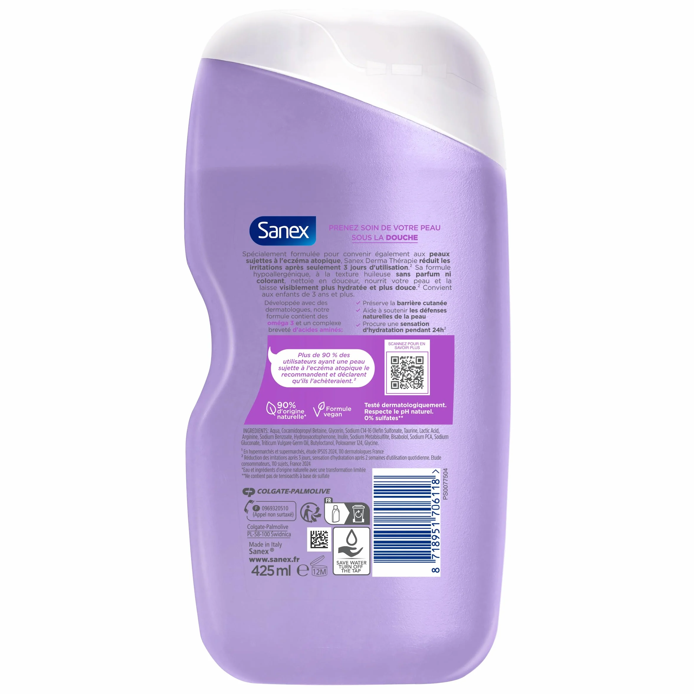 SANEX Derma Thérapie Huile de douche anti-démangeaisons anti-irritations Gel Douche Peaux sujettes à l’eczéma atopique hypoallergénique 425 ML