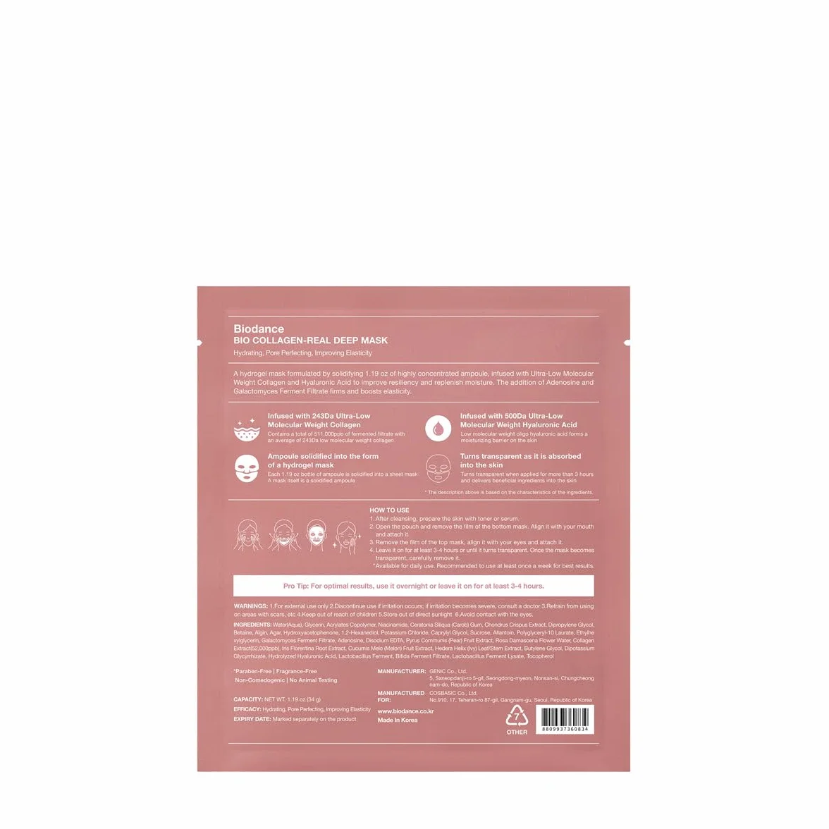 Biodance Bio Collagen Masque Visage Hydratant Raffermissant Acide Hyaluronique Niacinamide Galactomycètes 4 Feuilles