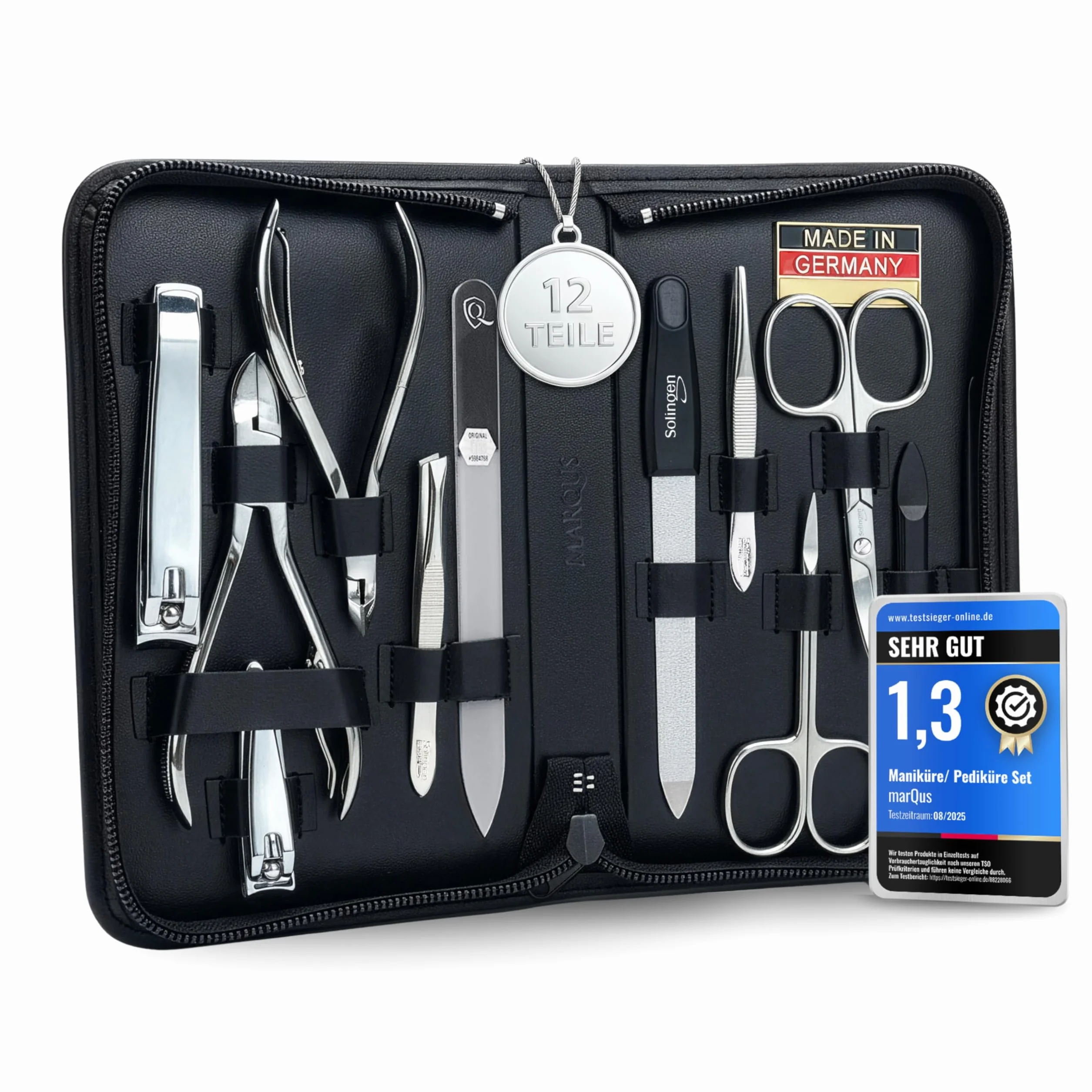 marQus Kit Manucure set 12 Pièces en Acier Solingen Allemagne – Coupe-Ongles, Lime à Ongles, Pince à Épiler, Étui en Cuir – Coffret Cadeau Femme & Homme, noir