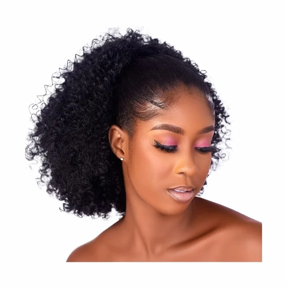 Health Extension de queue de cheval afro courte bouclée avec cordon de serrage pour femme noire Synthétique Afro Puff Queue de cheval avec clips Soins personnels (Noir)