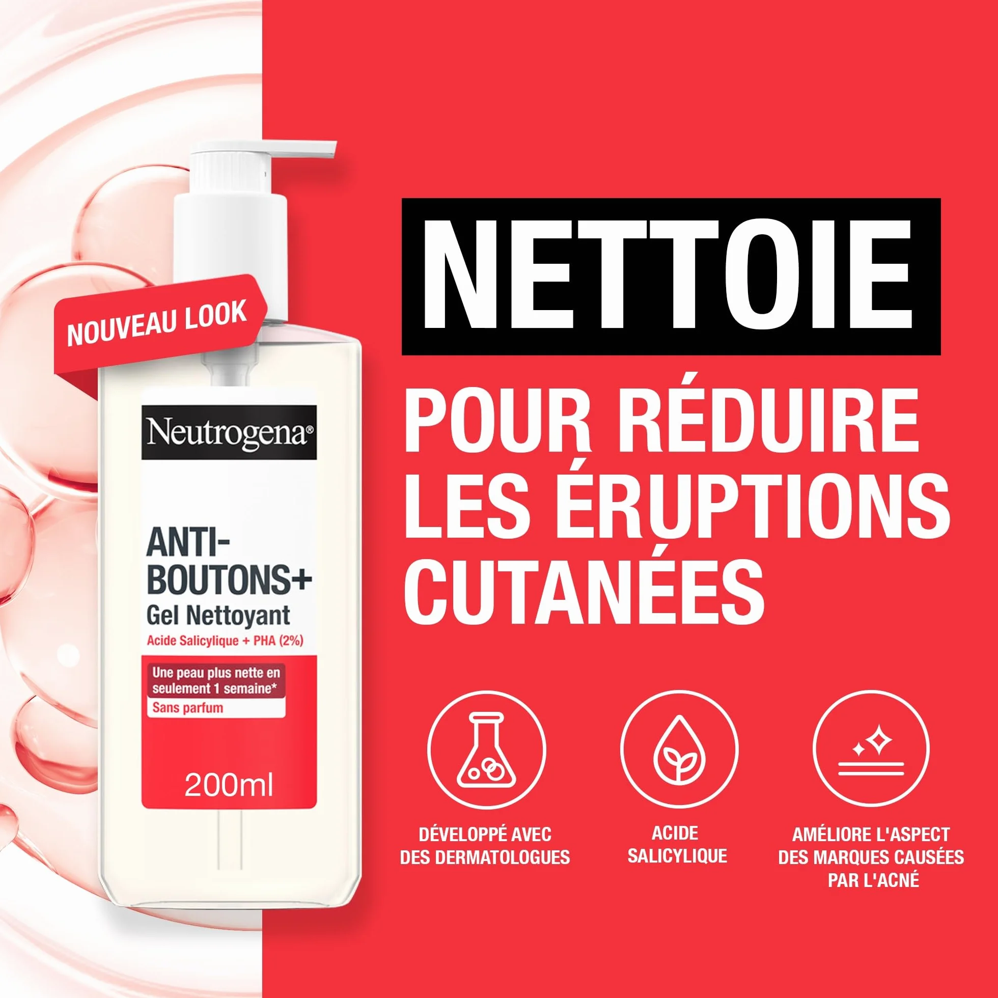 Neutrogena Gel Nettoyant Anti-Boutons Acide Salicylique 2% PHA 200 ml Soin Visage Peaux Acnéique