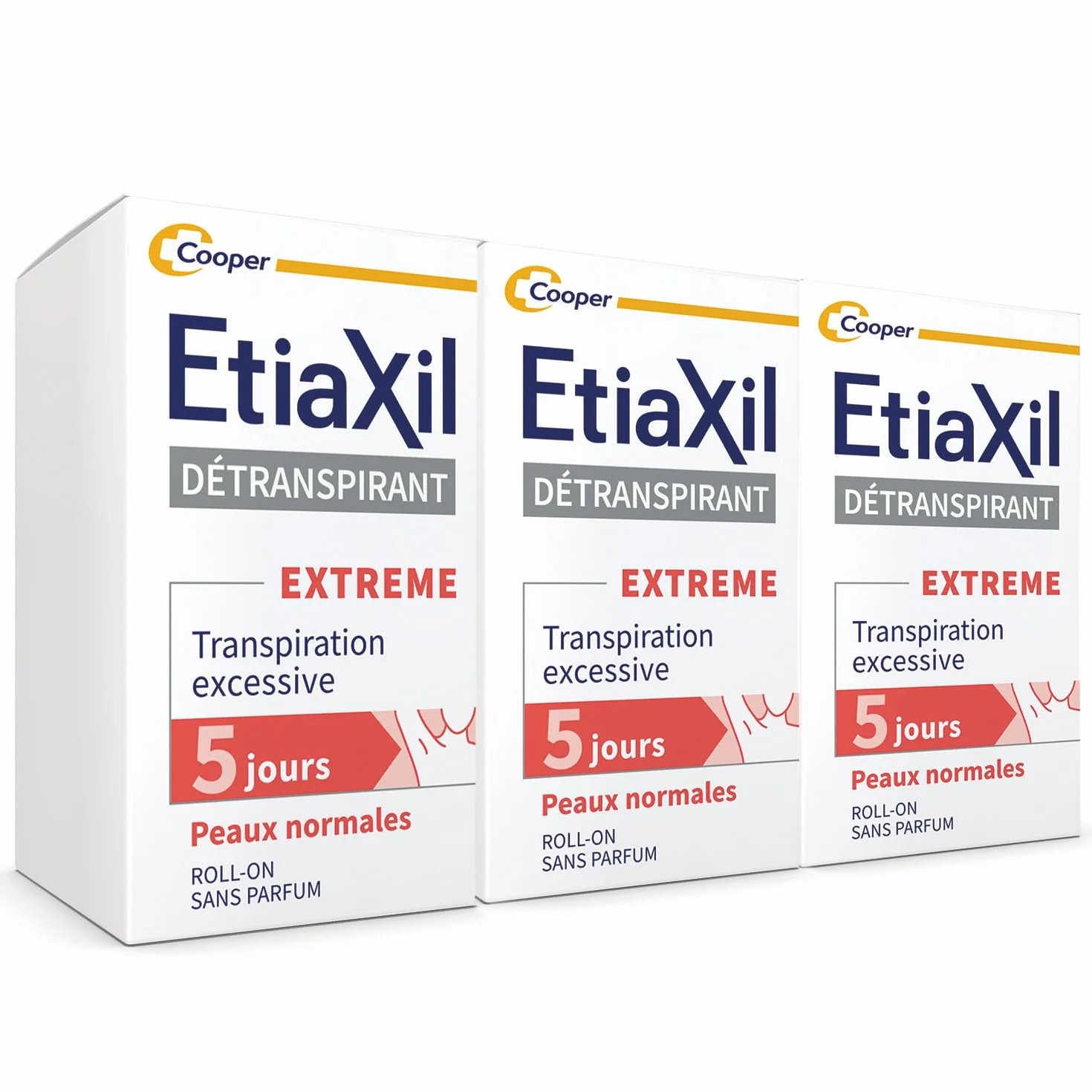 ETIAXIL Déodorant Détranspirant Traitement Transpiration Excessive Aisselles EXTREME Peaux Normales Efficacité 5 jours 15 ml lot de 3
