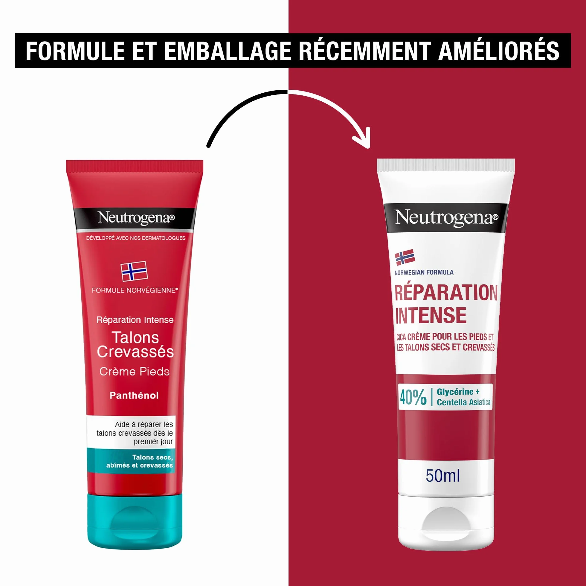 Neutrogena Crème Pieds & Talons Crevassés Réparation Intense Formule Norvégienne 50 ml 40% Glycérine Centella Asiatica Cica Crème Réparatrice