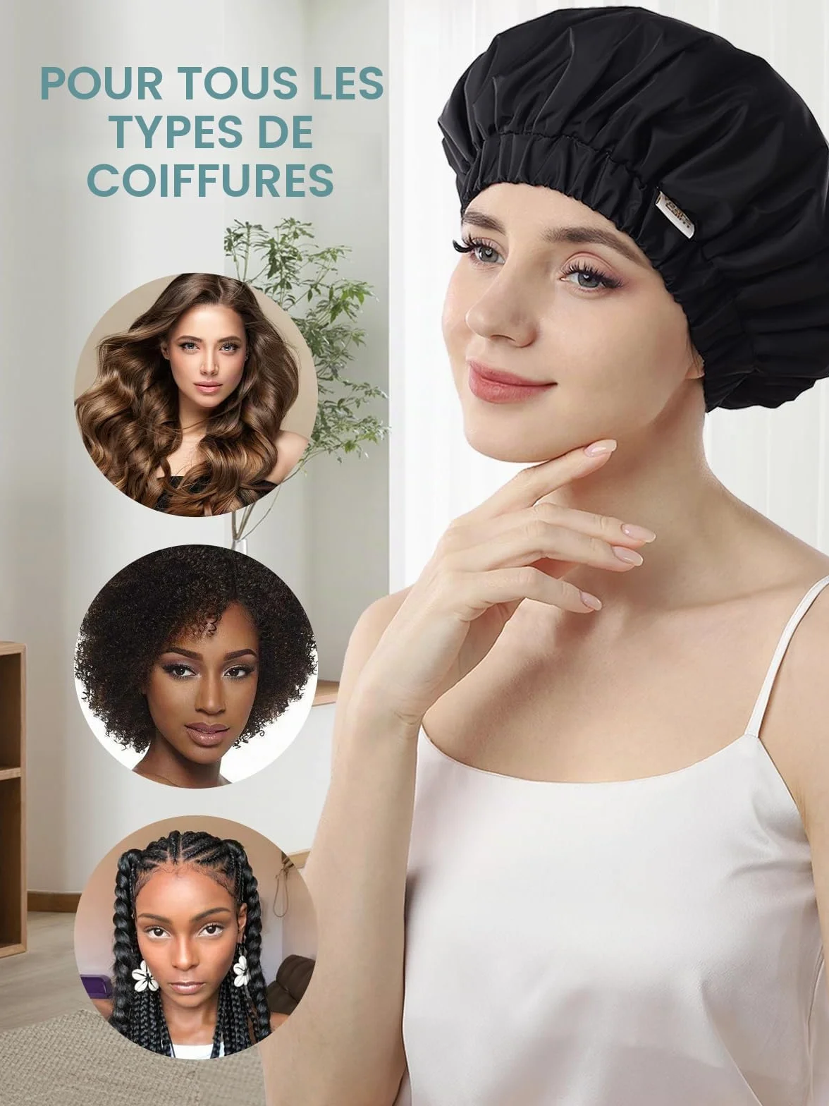 Bonnet de douche imperméable réutilisable pour femme, design élastique double couche, noir