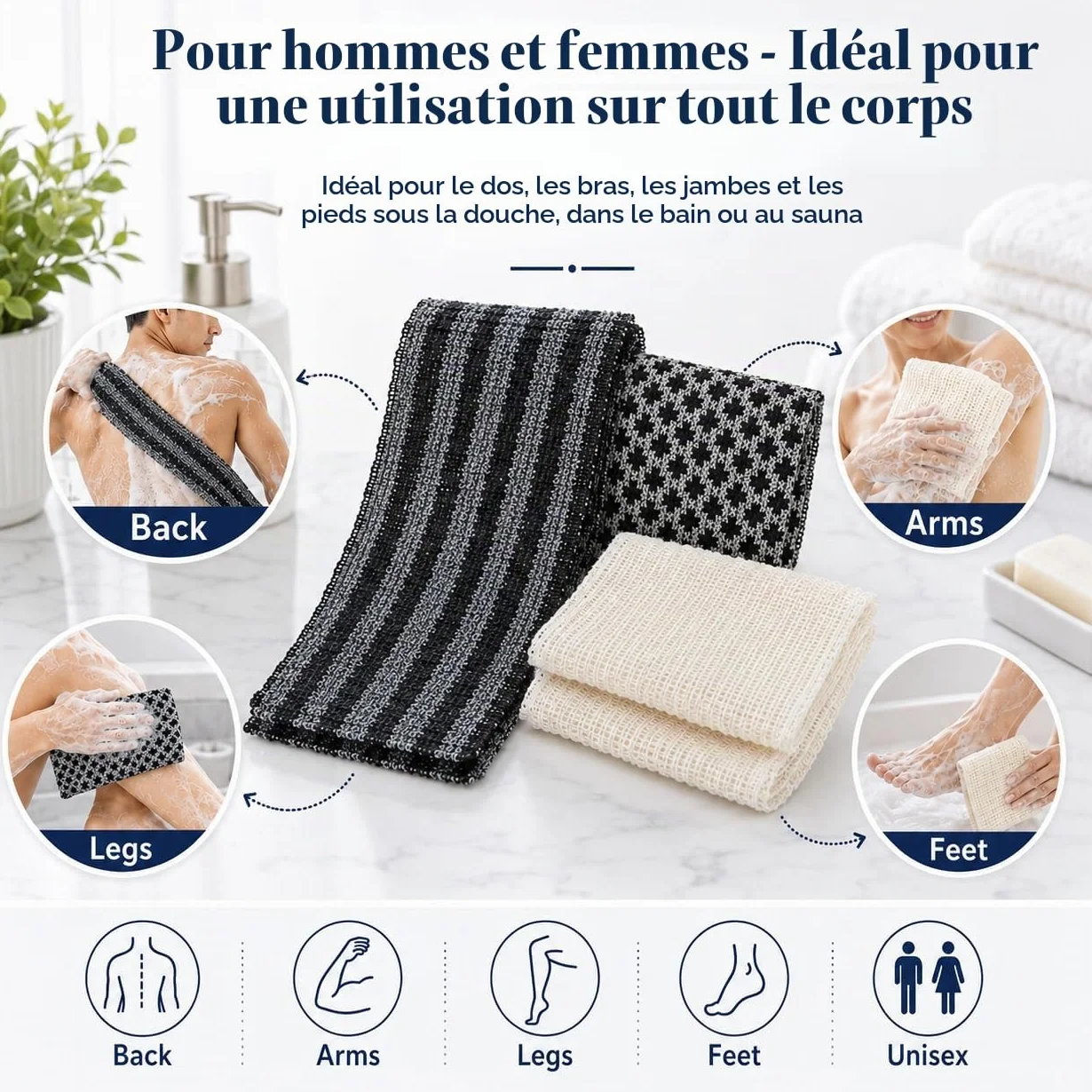 Serviette Exfoliante Douche 3 Pièces Japonaise 25×100 cm Lave Dos Long Double Face Homme Femme