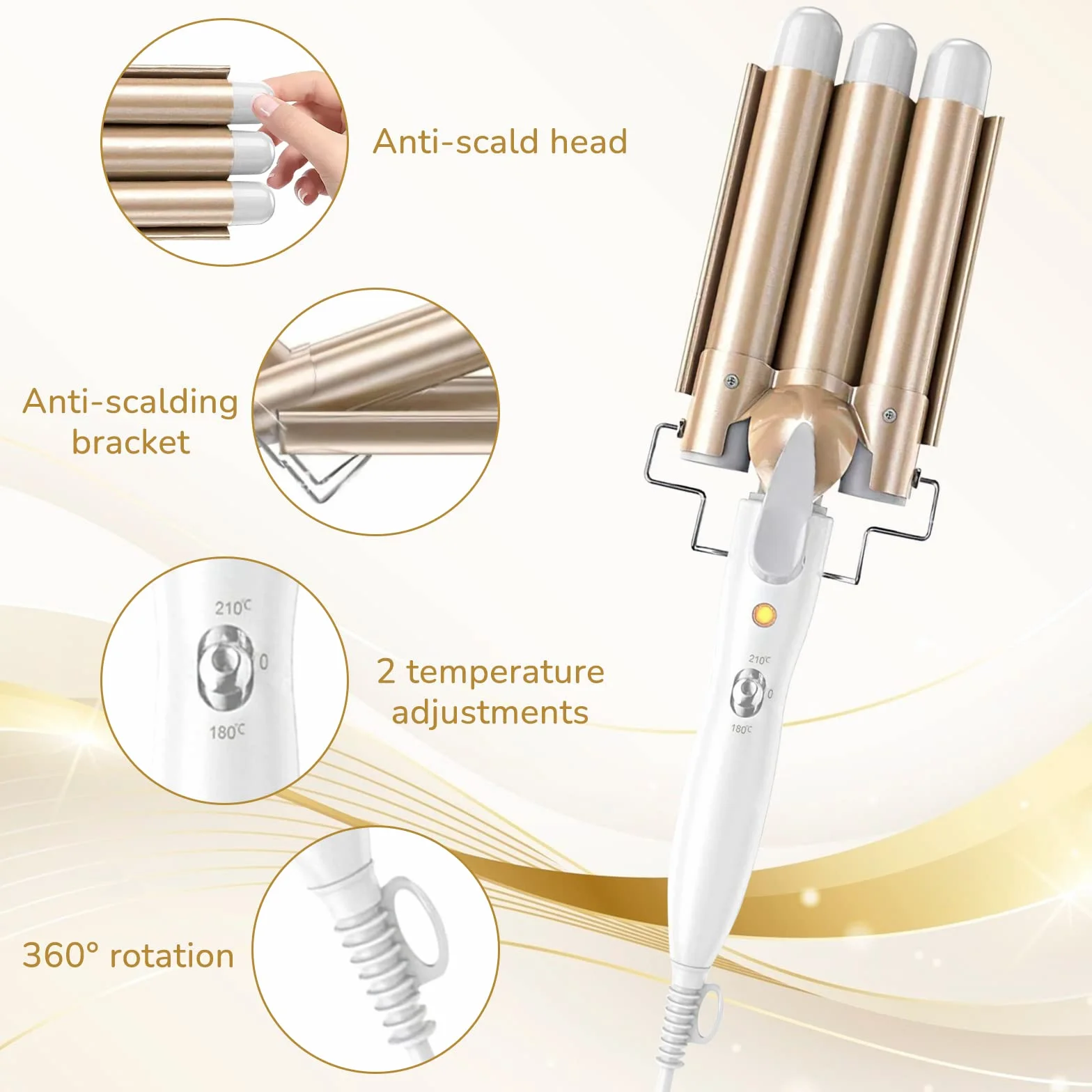 Fer à Boucler,22mm Fer à onduler 3Tete,En Céramique Cheveux Bouclés Barils Cheveux Wavy,2 Réglages Température,Fer à Friser pour Cheveux Long Courts Avec 2clips et un gant(Blanc)