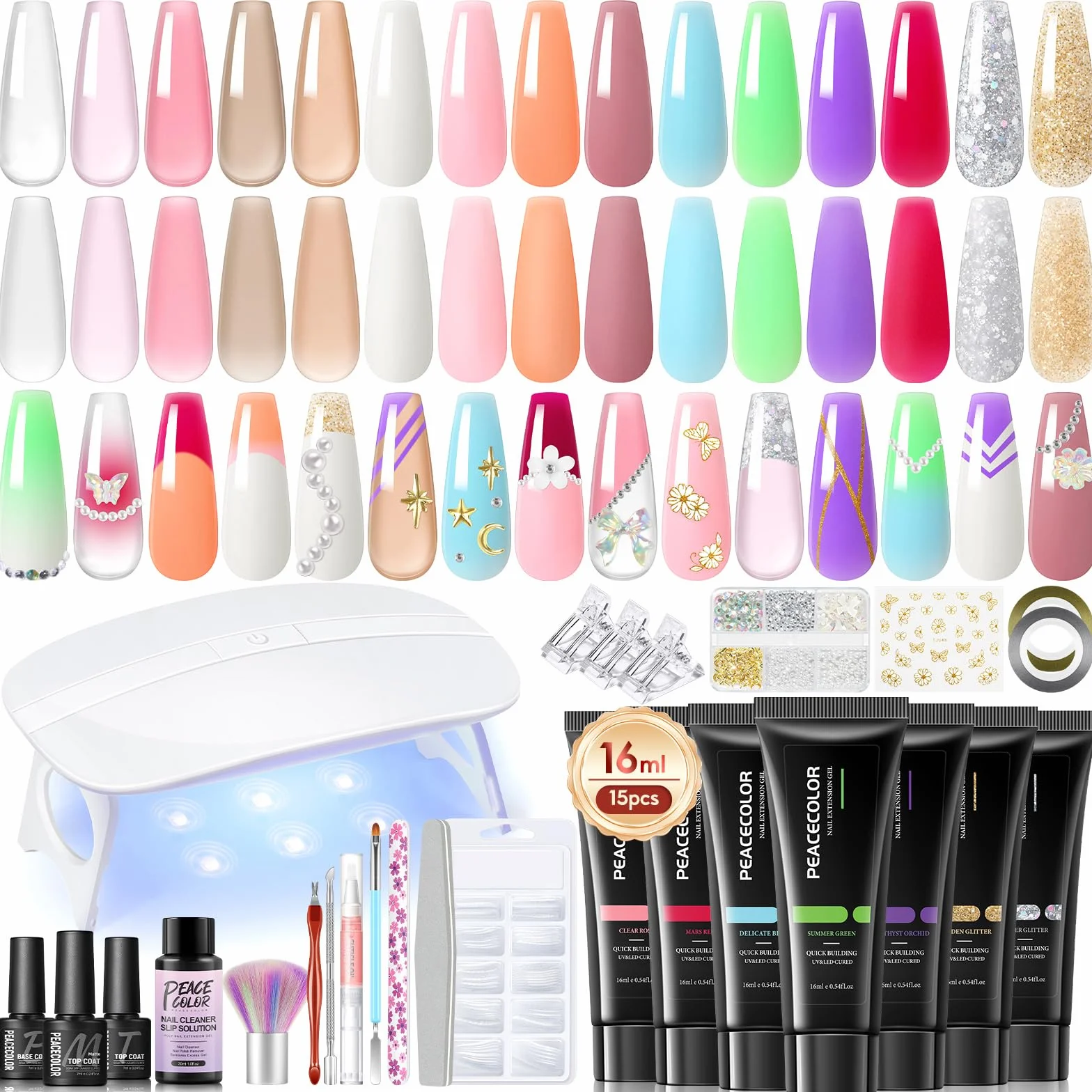 PEACECOLOR 33pcs Gel Construction Ongle UV Starter Set, 15 Couleurs Poly Extension d'ongles en Gel Complet Kit Avec Mini UV Lampe, Base Top Coat DIY Nail Art Kit Ongle Acrylique Complet